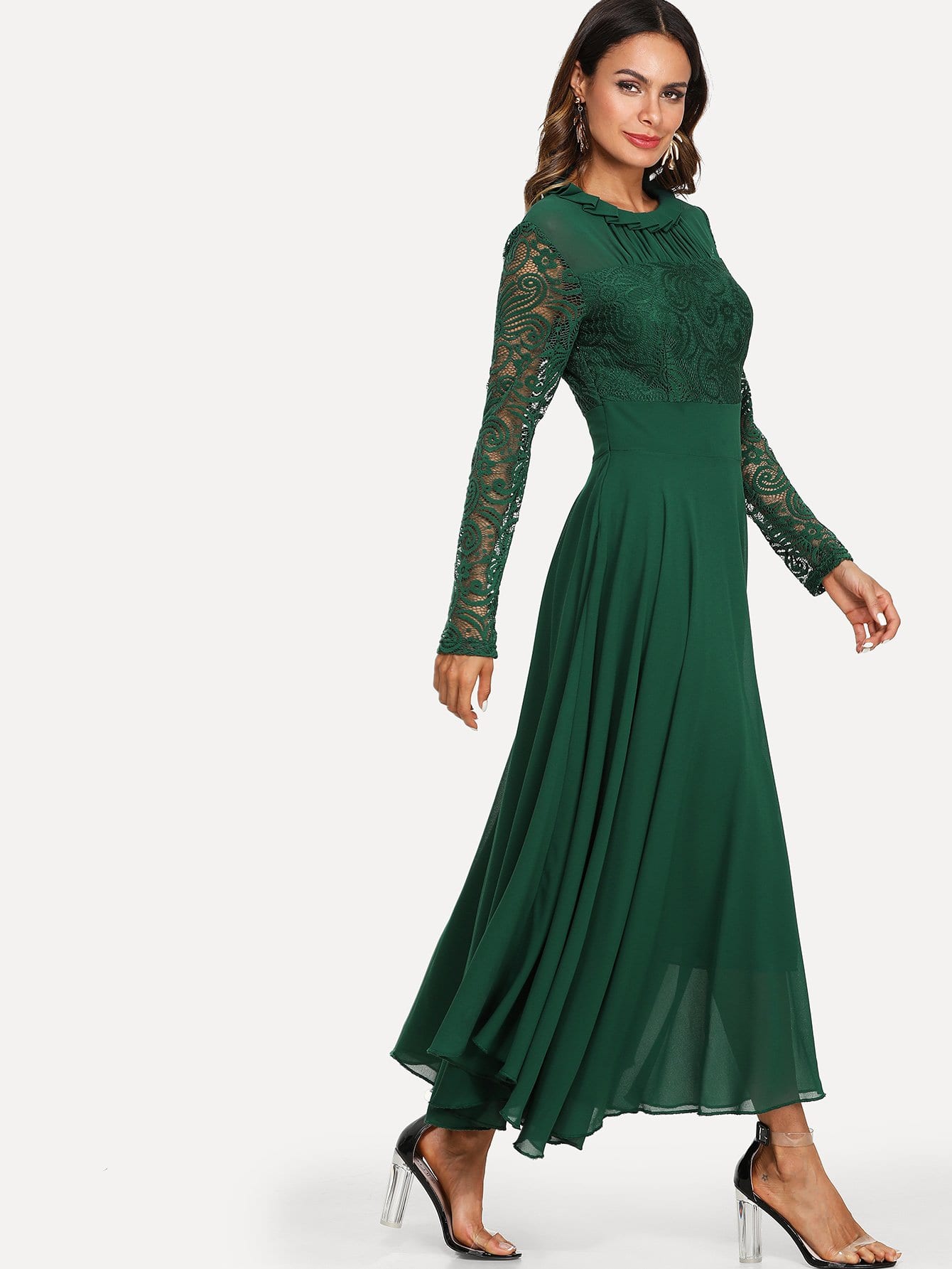 Frill Neck Lace Bodice Flowy Dress