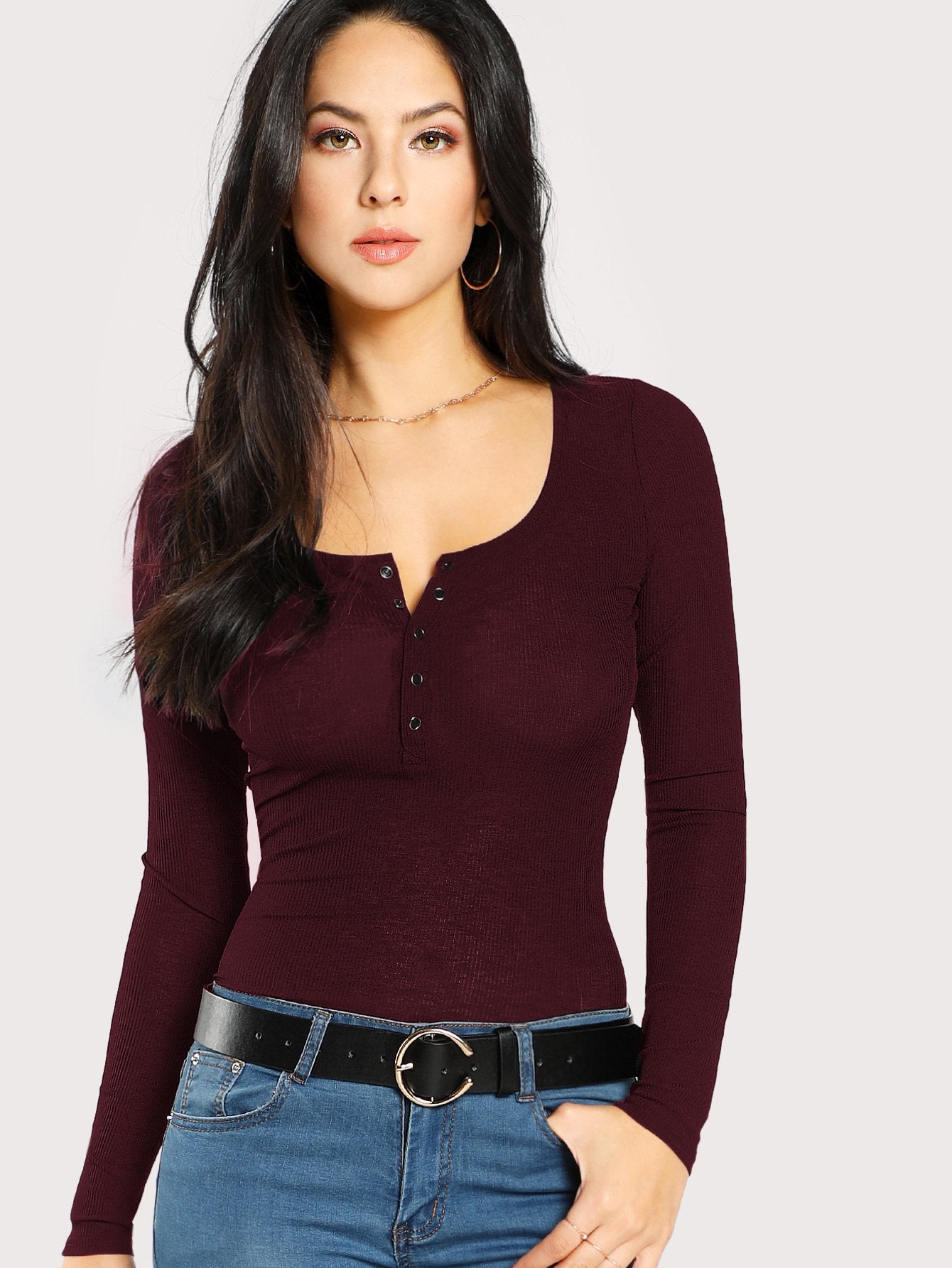 Scoop Neck Ribbed Henley Tee
