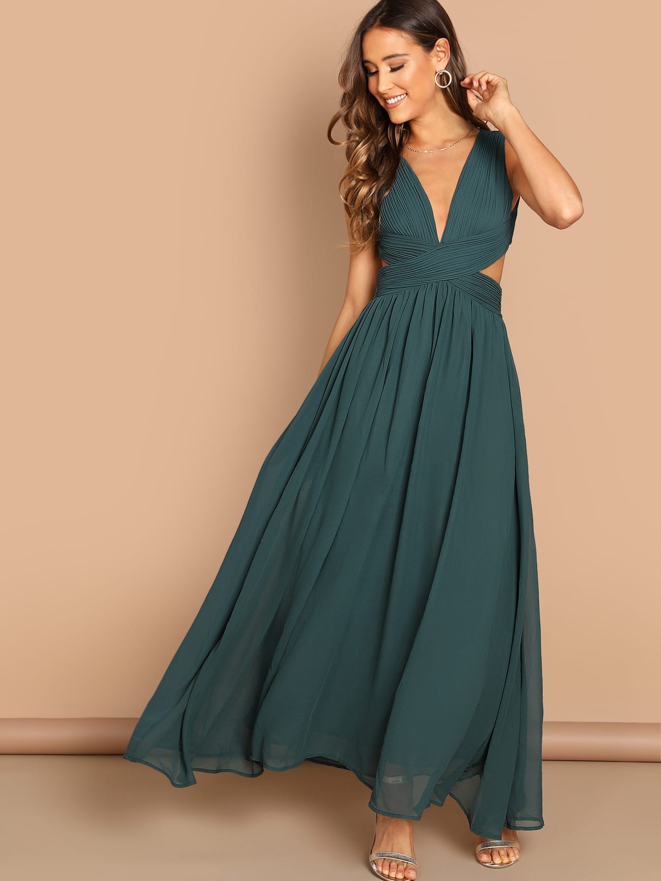 Open back ruched top flowy dress online