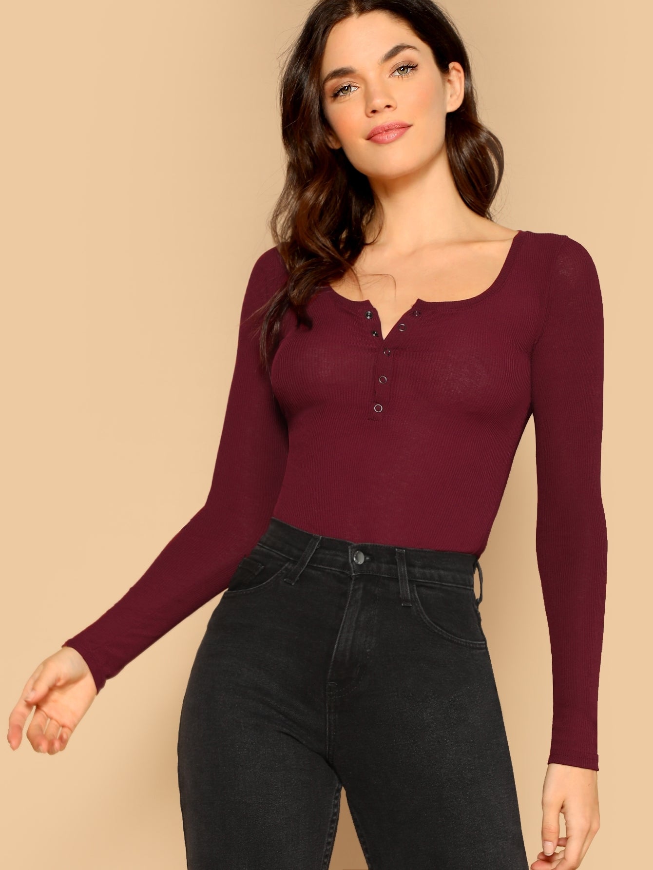 Scoop Neck Ribbed Henley Tee