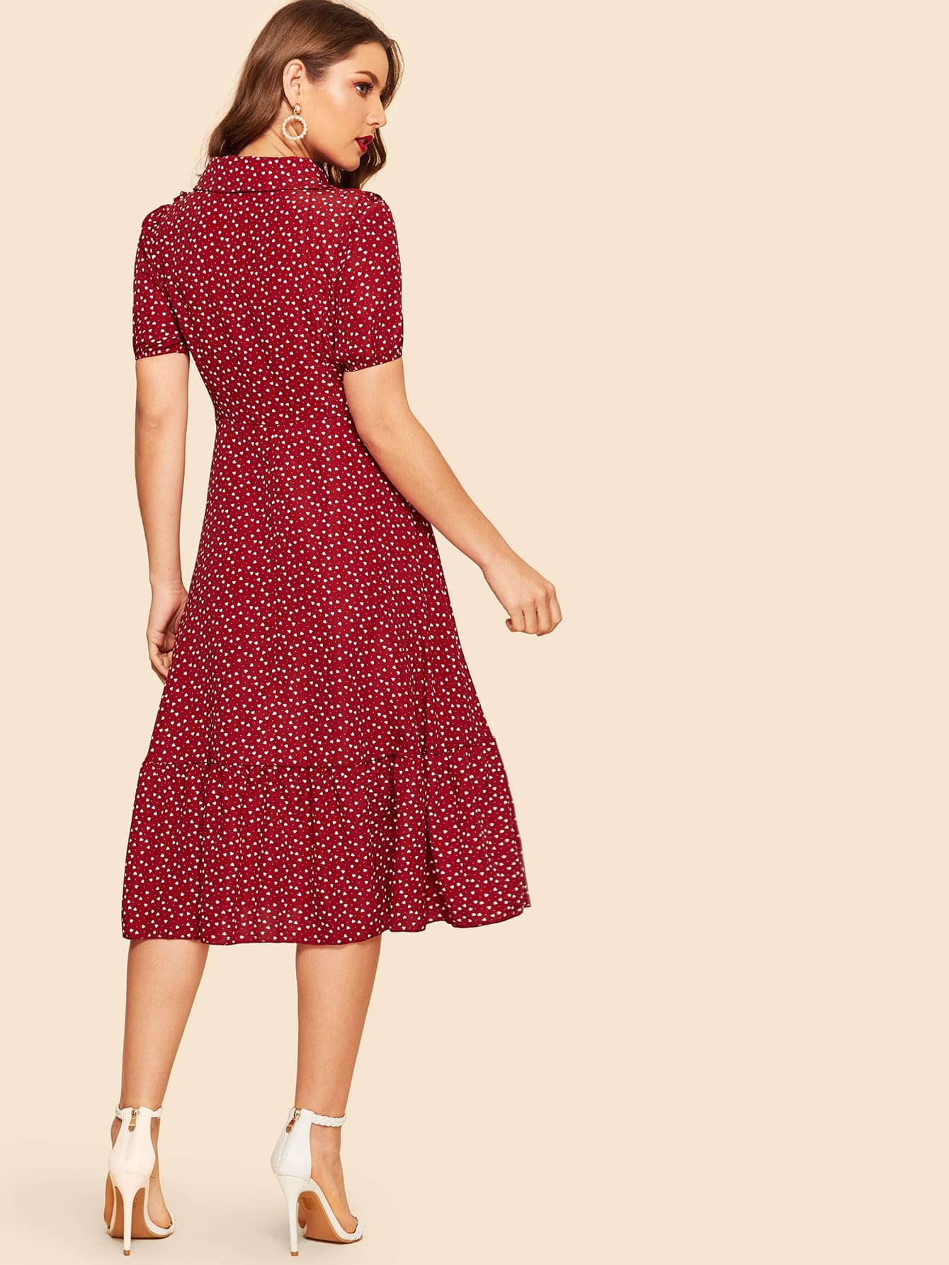 40s Confetti Heart Ruffle Hem Belted Shirt Dress