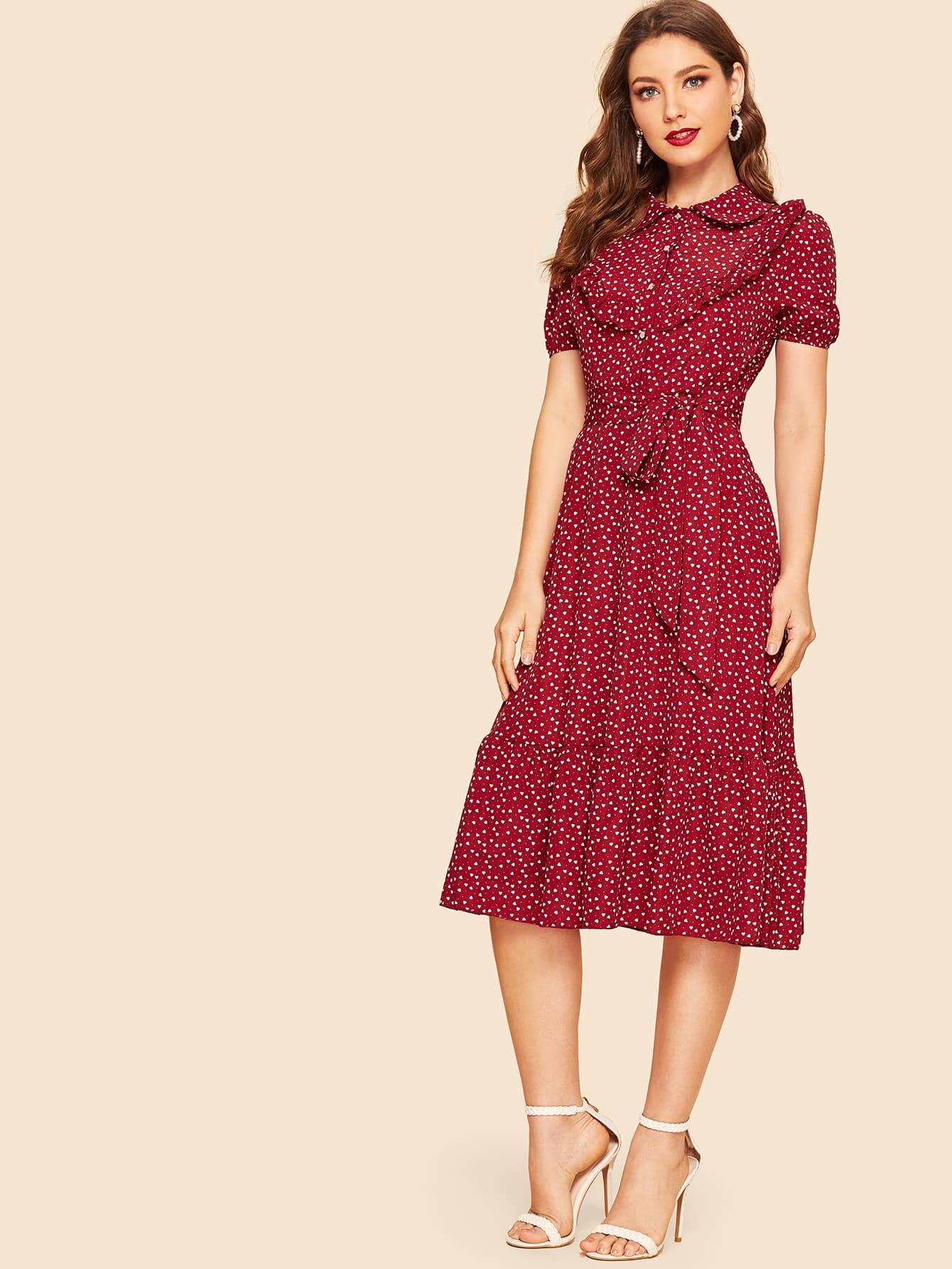 40s Confetti Heart Ruffle Hem Belted Shirt Dress
