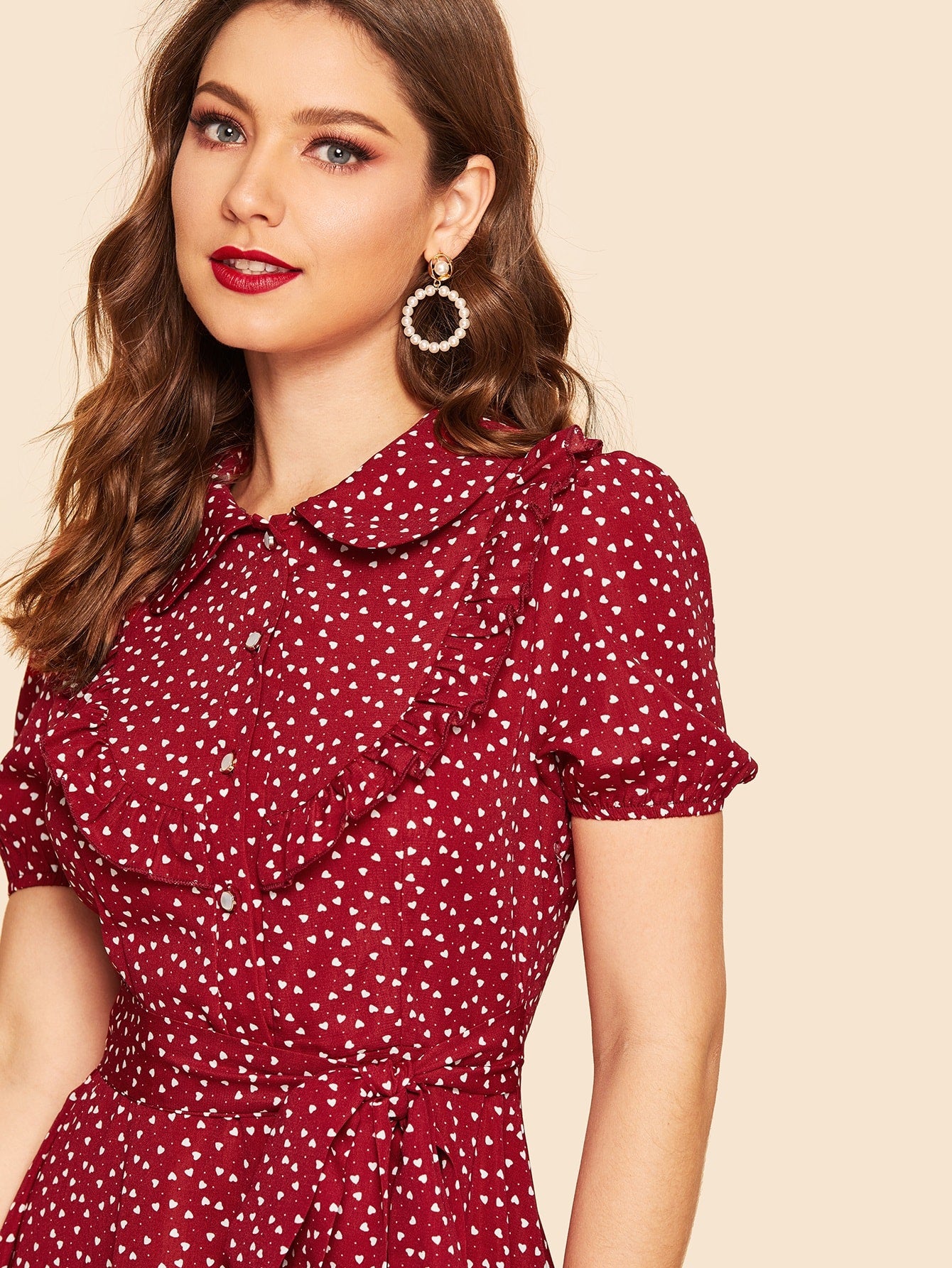40s Confetti Heart Ruffle Hem Belted Shirt Dress