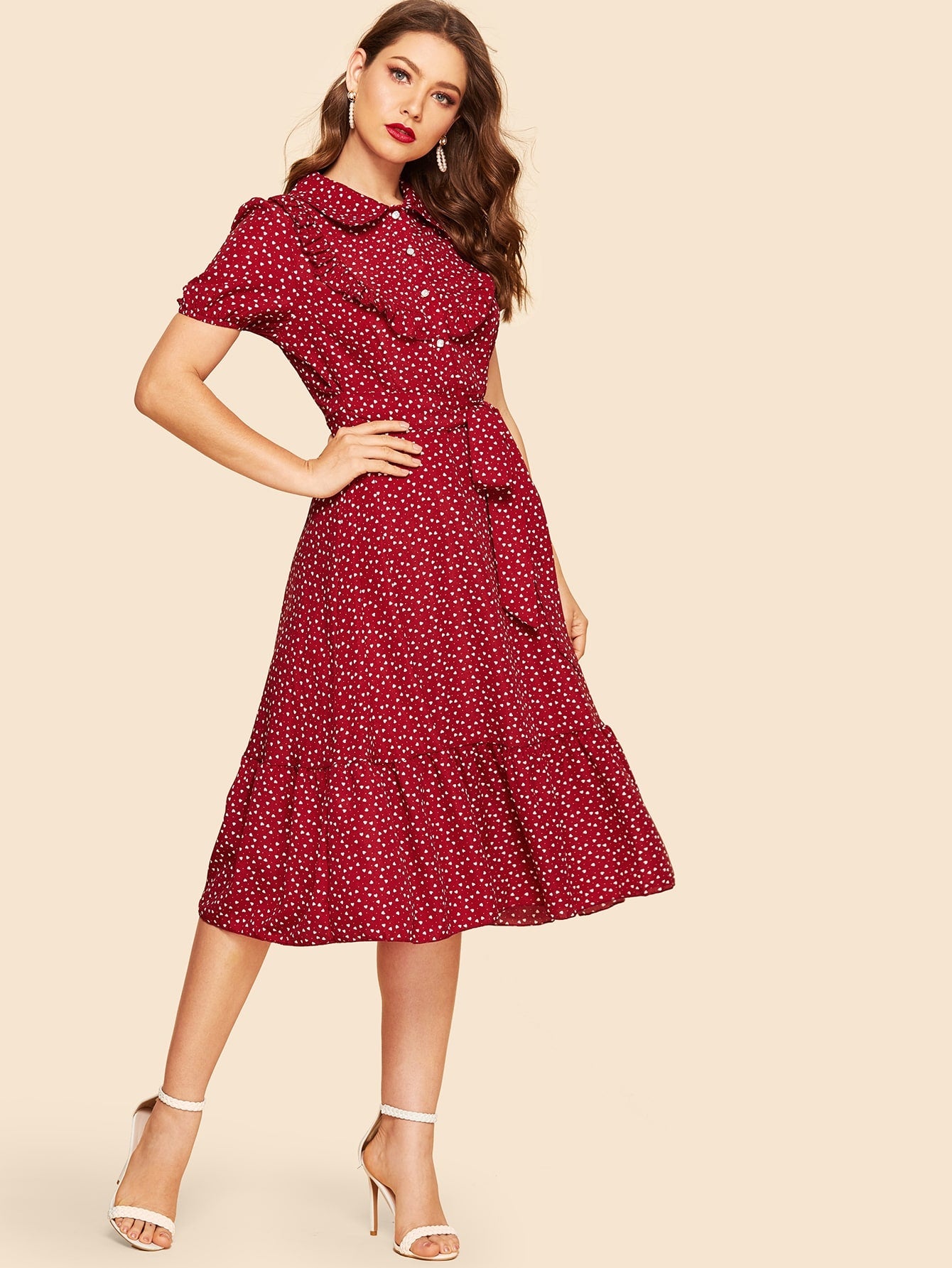40s Confetti Heart Ruffle Hem Belted Shirt Dress