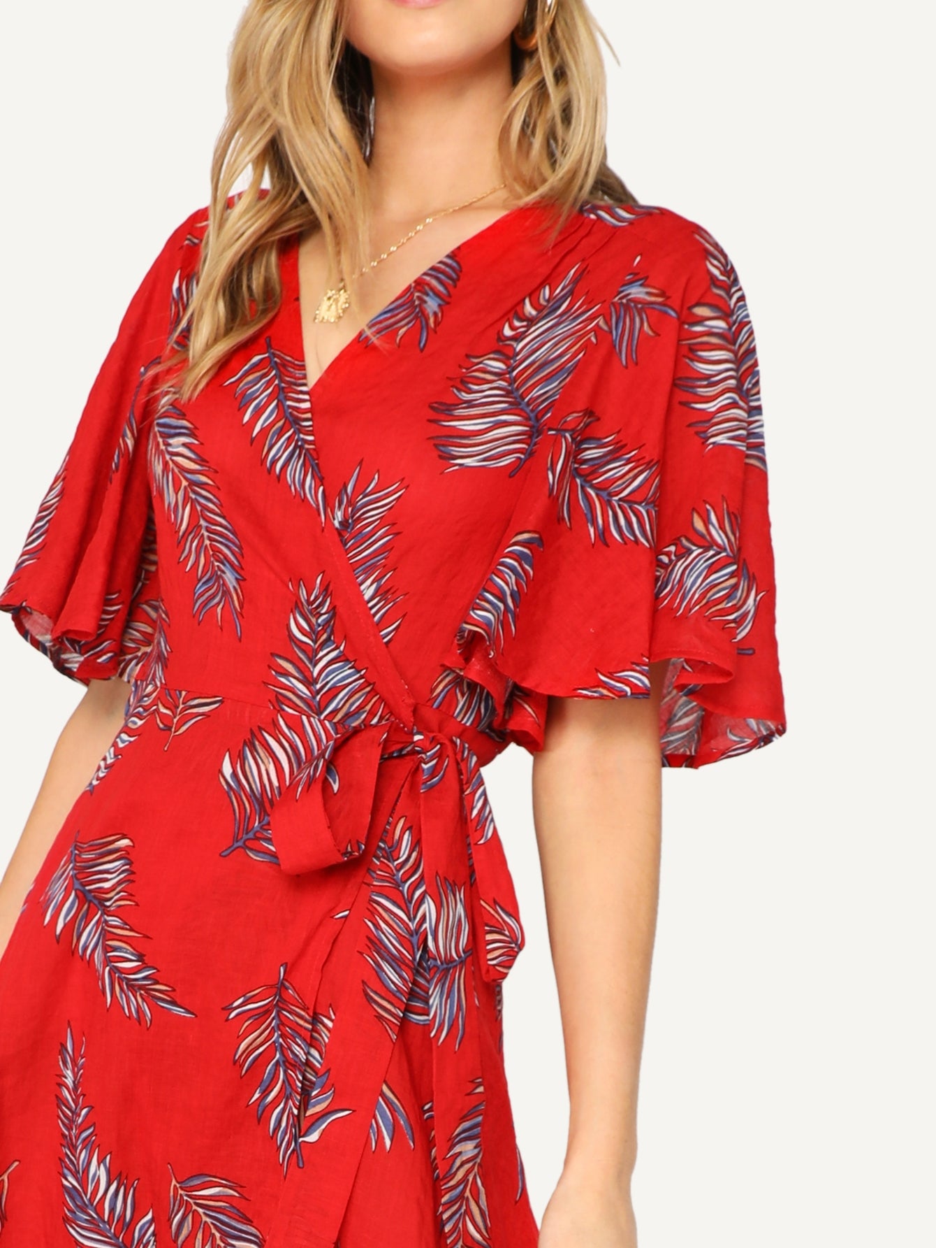 Surplice Wrap Knot Leaves Print Dress | Amy's Cart Singapore