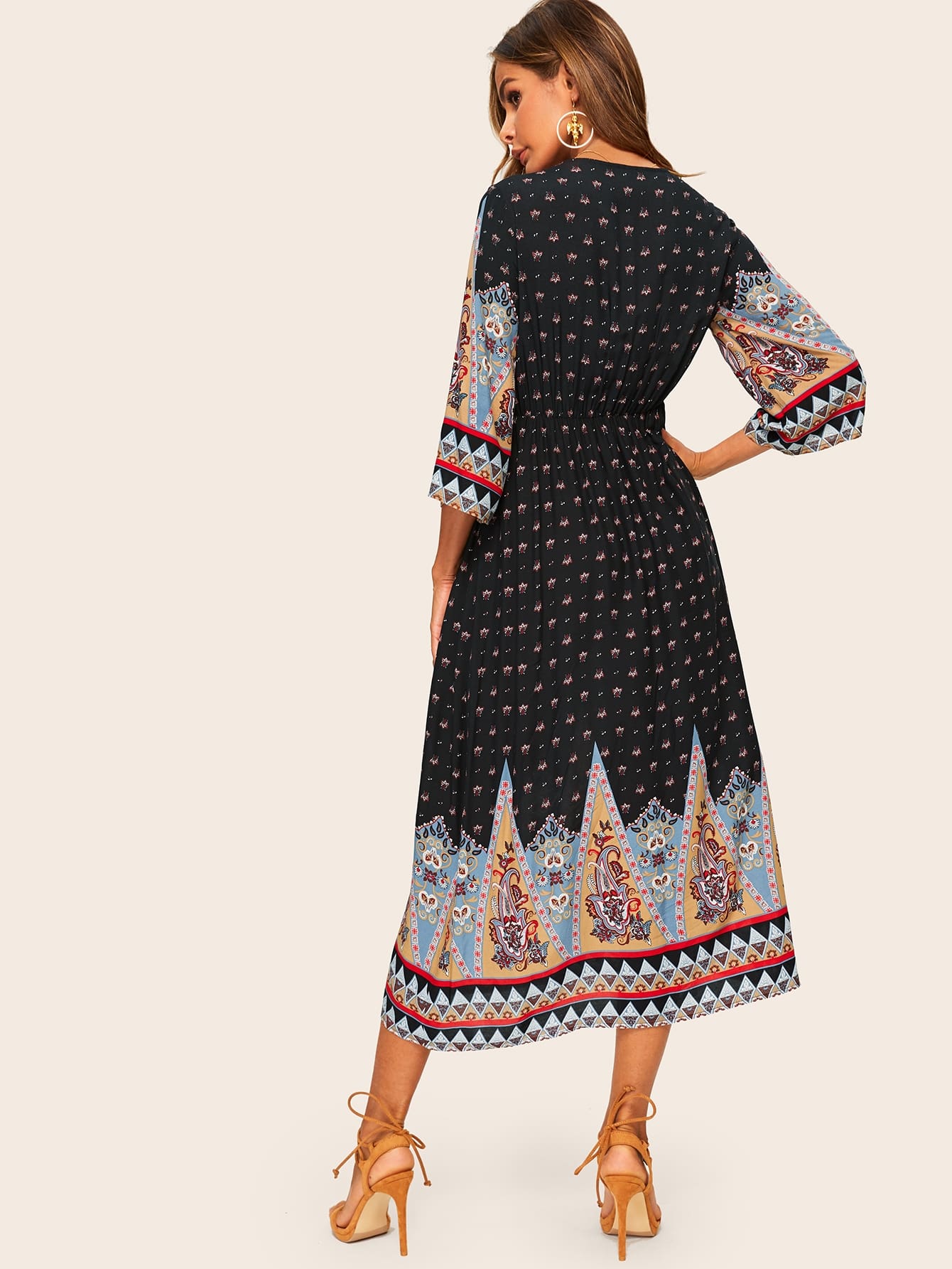 Tribal Print Bell Sleeve Surplice Wrap Dress | Amy's Cart Singapore