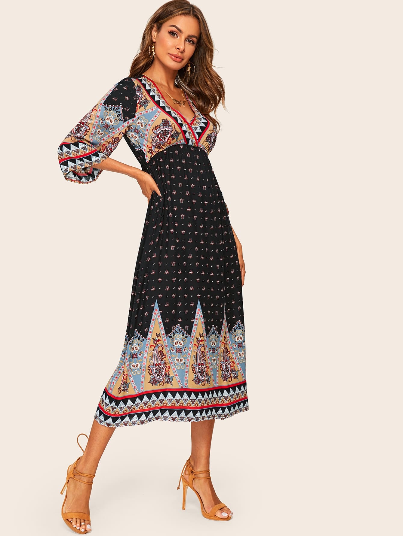 Tribal Print Bell Sleeve Surplice Wrap Dress | Amy's Cart Singapore