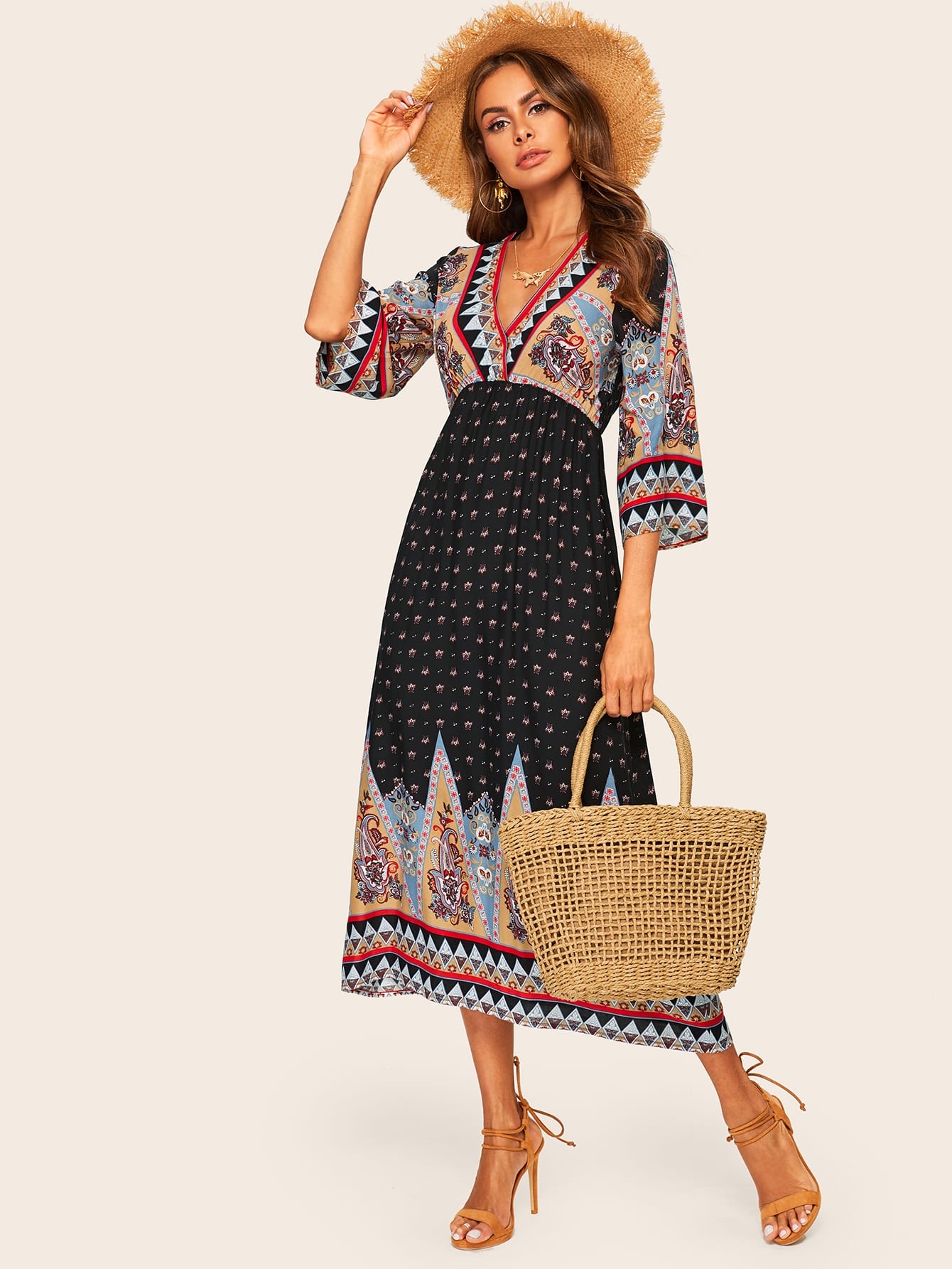 Tribal Print Bell Sleeve Surplice Wrap Dress | Amy's Cart Singapore