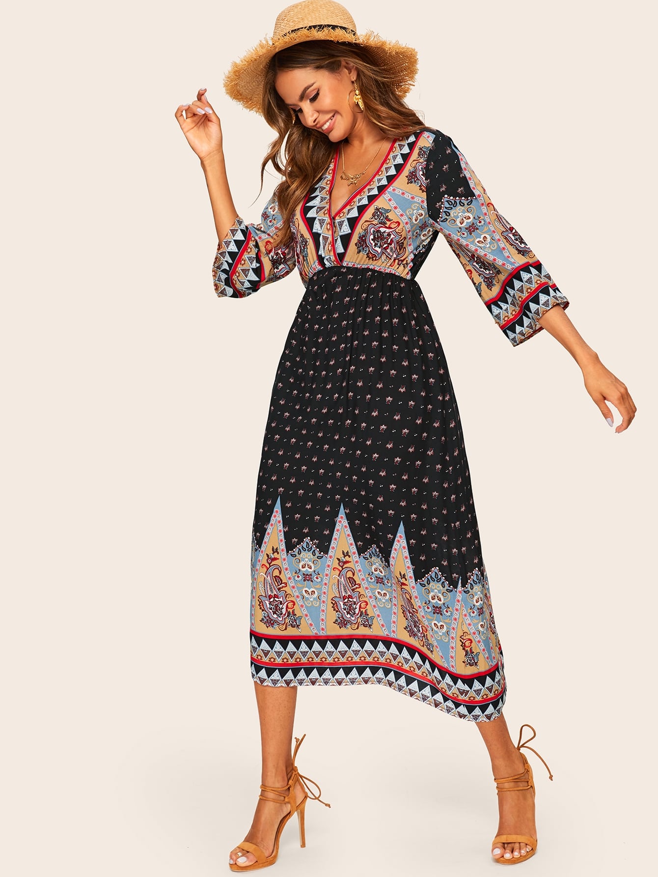 Tribal Print Bell Sleeve Surplice Wrap Dress | Amy's Cart Singapore