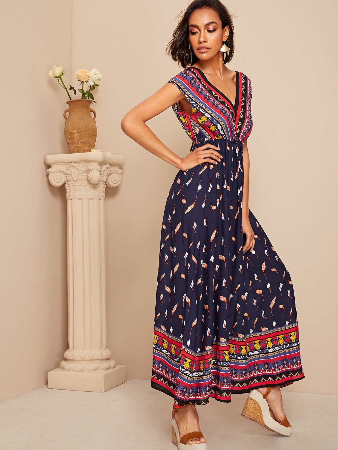 V Neck Allover Printed Fit & Flare Maxi Dress | Amy's Cart Singapore