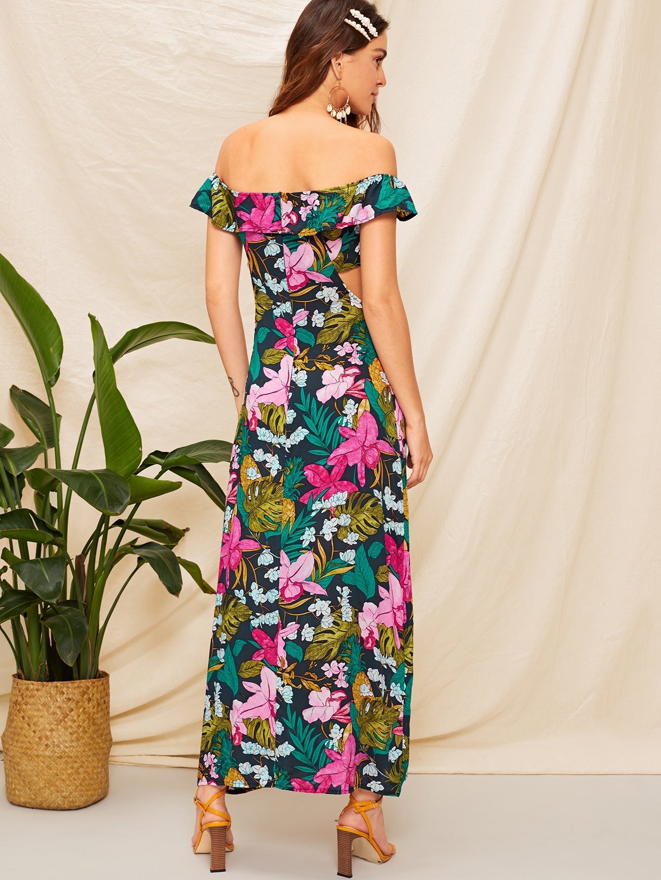 Off The Shoulder Floral Print Cut Out Dress