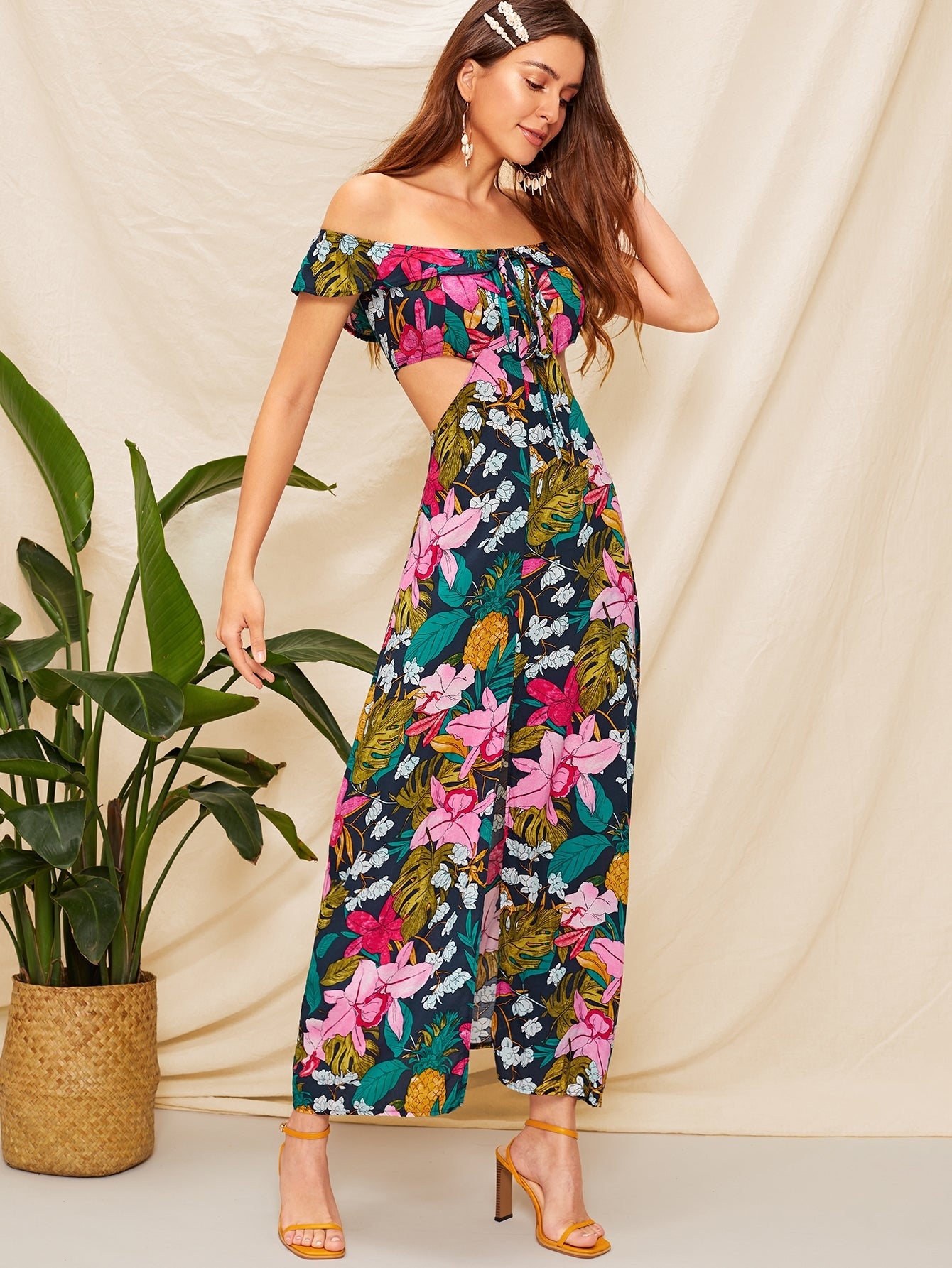Off The Shoulder Floral Print Cut Out Dress