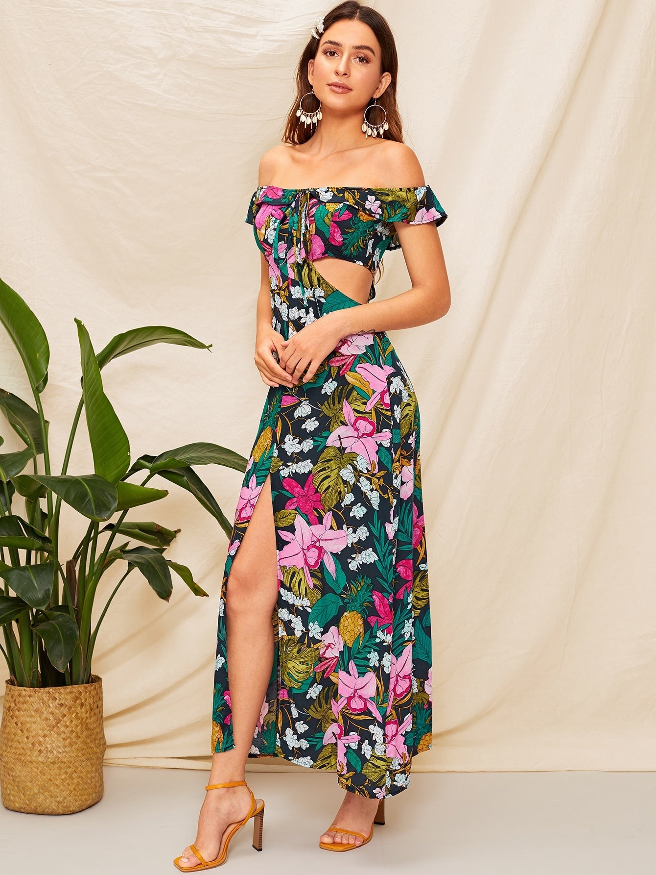 Off The Shoulder Floral Print Cut Out Dress