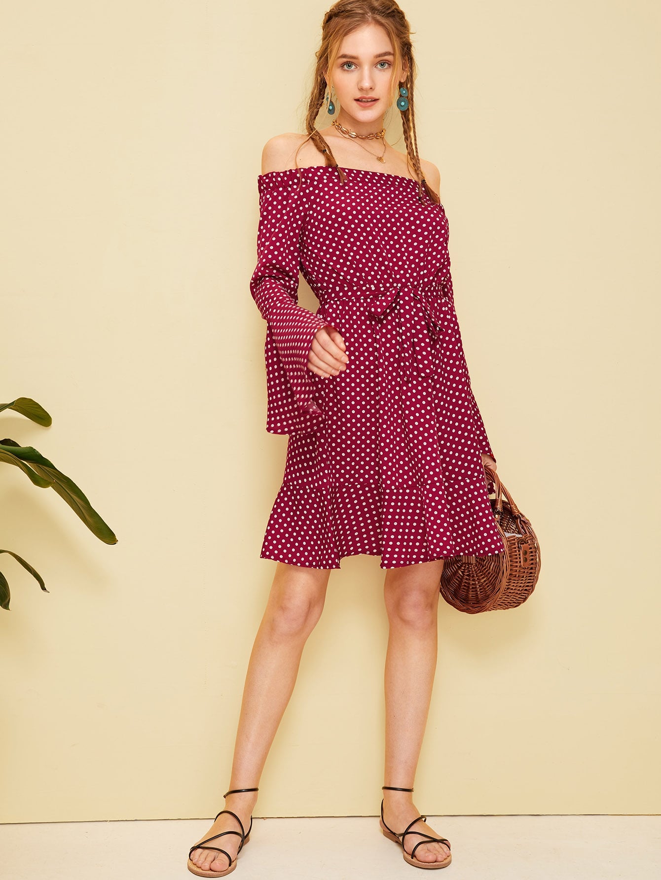 Polka Dot Print Flounce Sleeve Dress