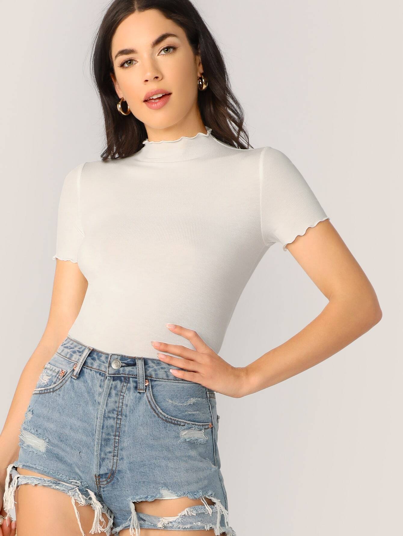 Mock-neck Lettuce Trim Ribbed Fitted Tee