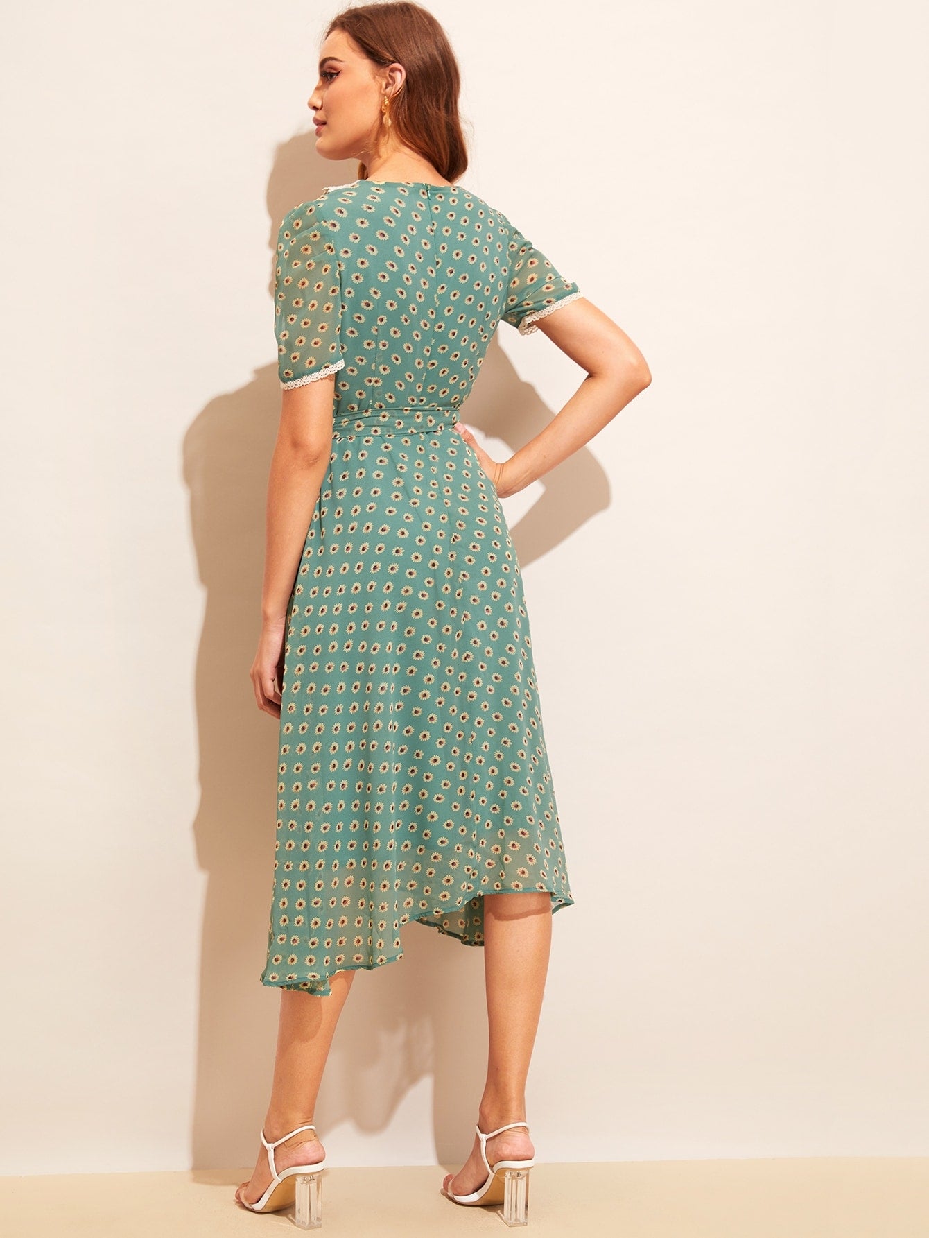 Allover Sunflower Print Lace Trim Belted Dress