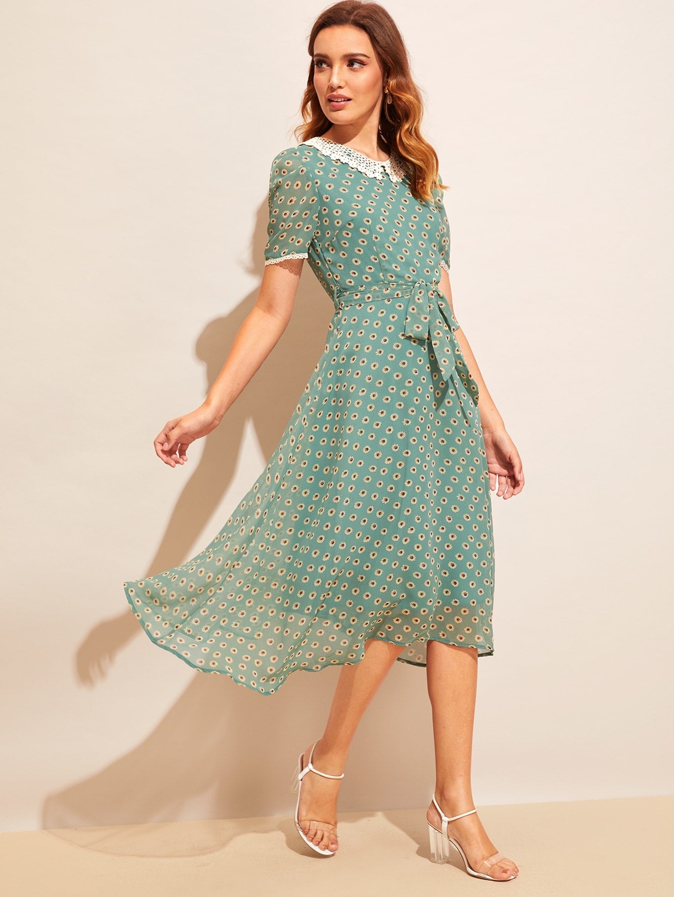 Allover Sunflower Print Lace Trim Belted Dress