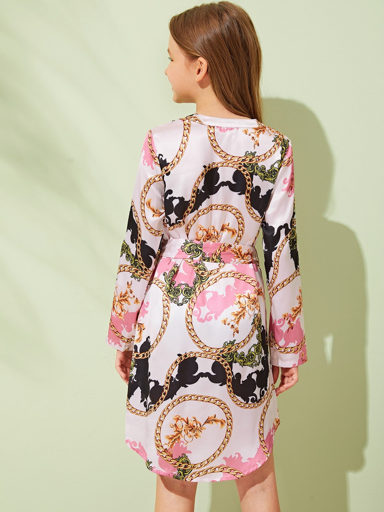 Girls Chain Print High Low Hem Belted Dress