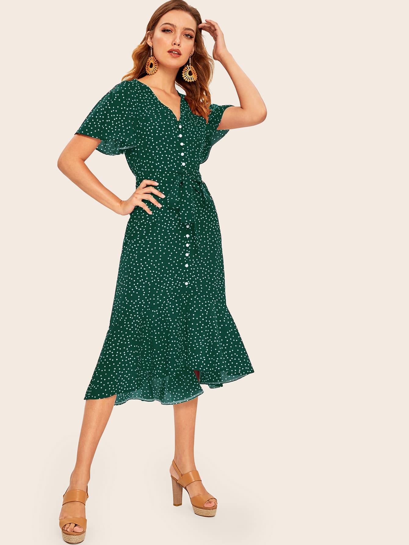 Ruffle Hem Polka Dot Belted Tea Dress | Amy's Cart Singapore