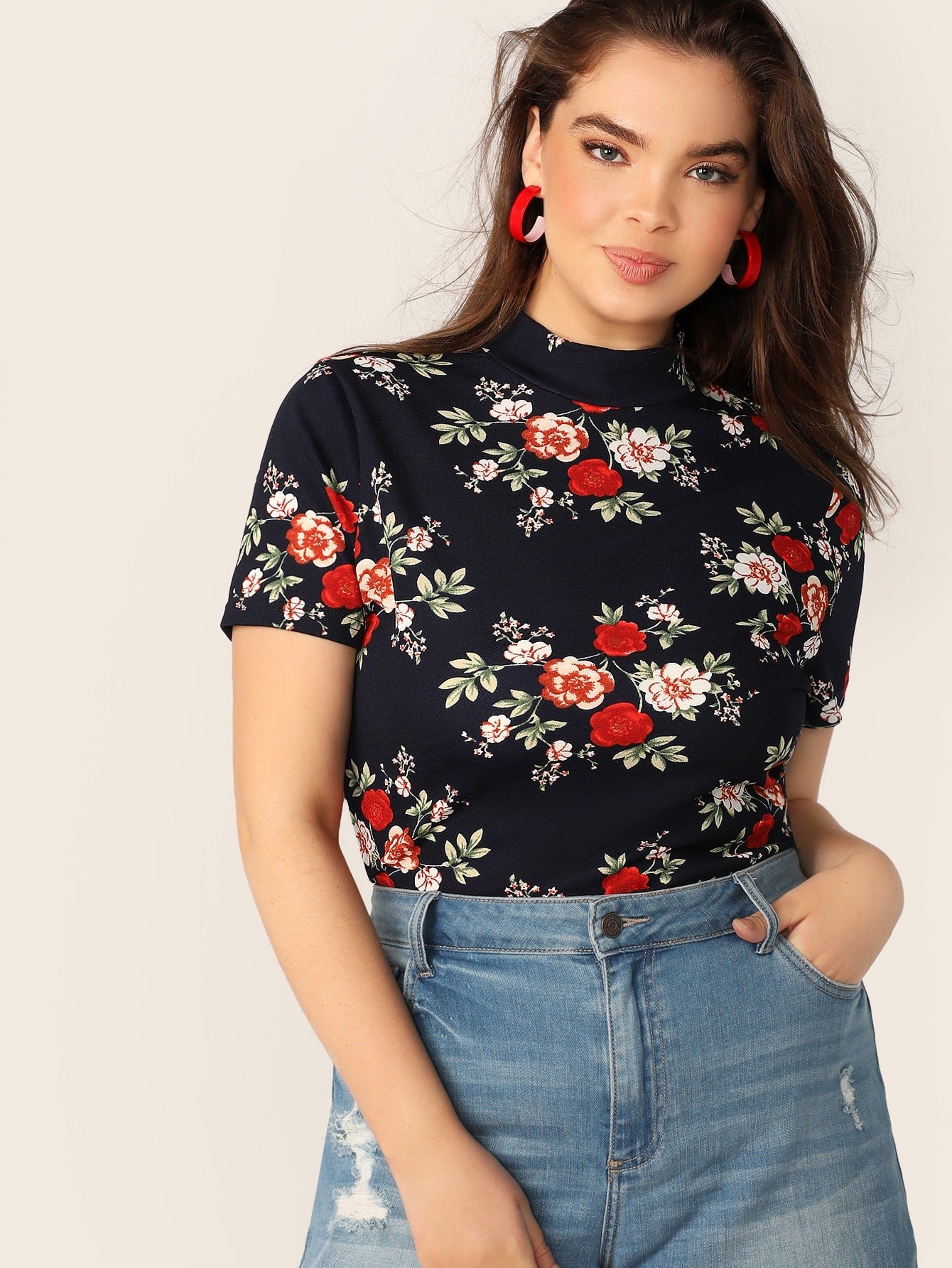 Plus Floral Print Mock-neck Top