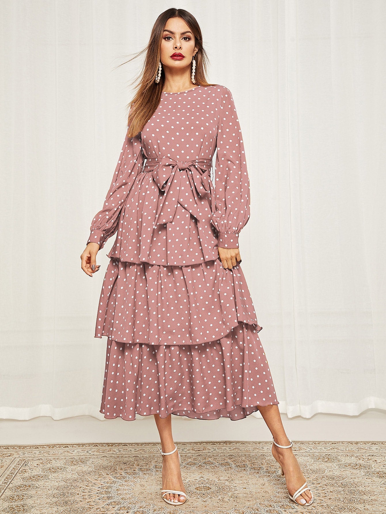 Polka Dot Self Belted Layered Hem Dress Pink