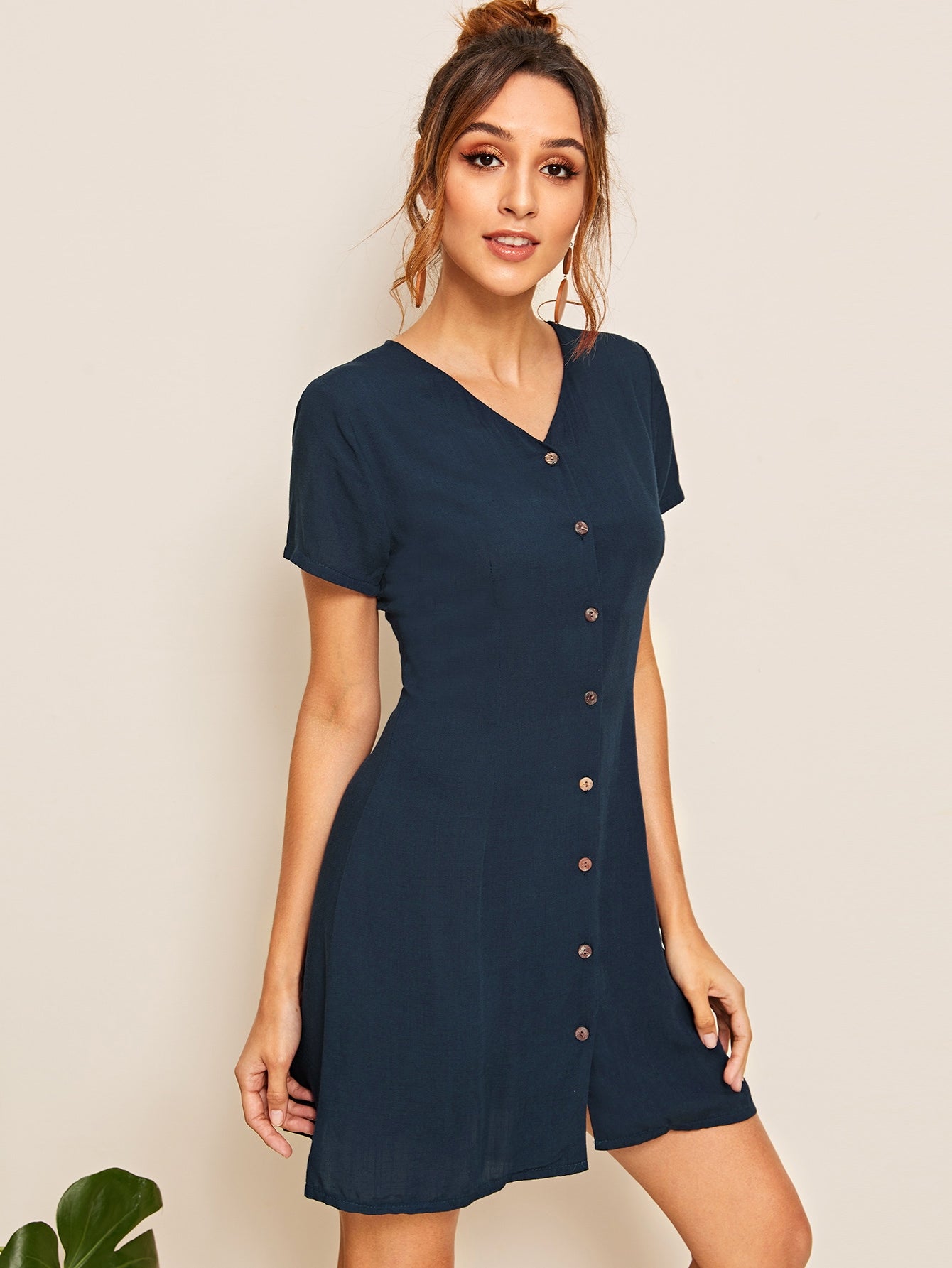 Button Through Solid Dress