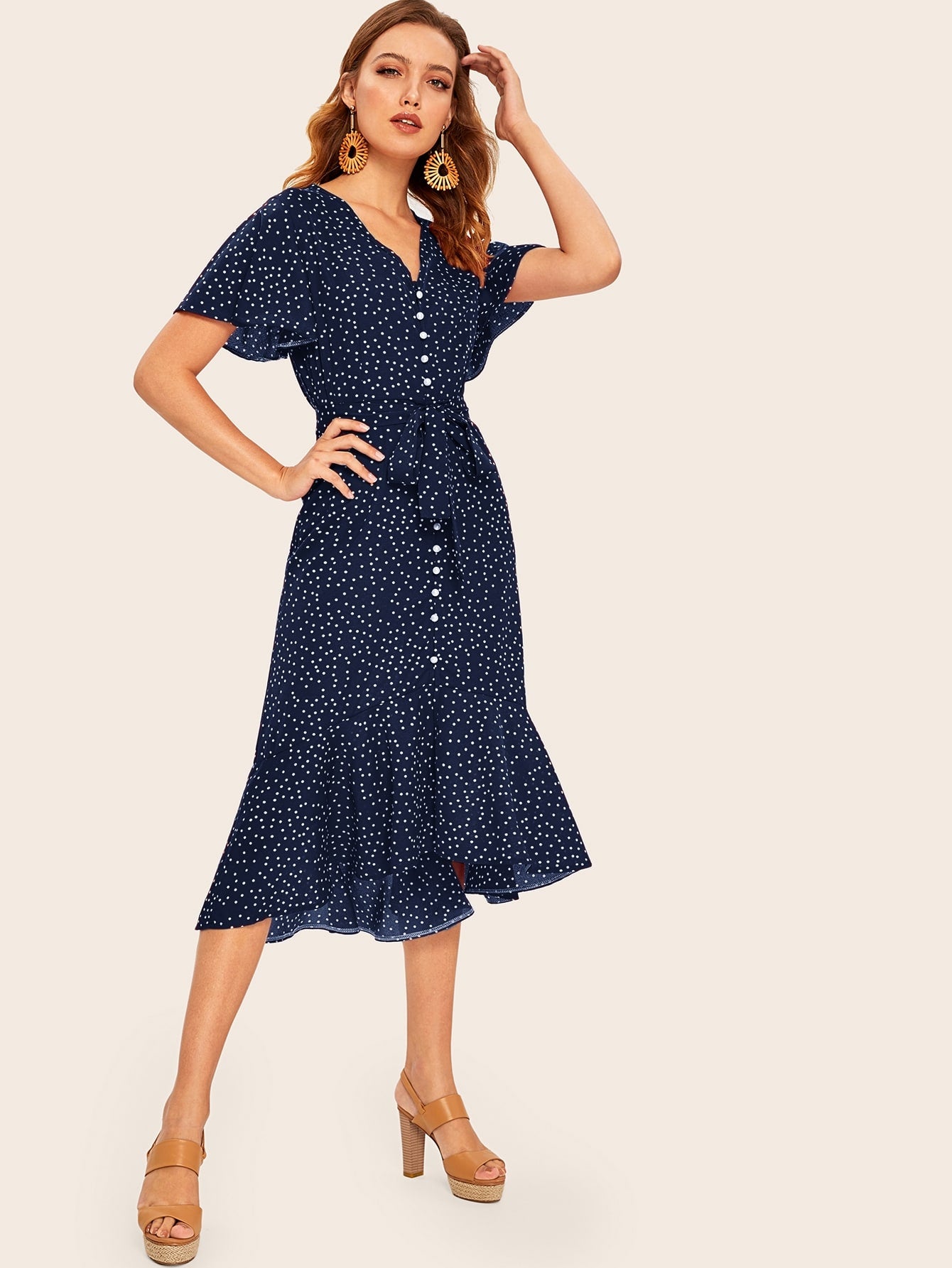 Ruffle Hem Polka Dot Belted Tea Dress | Amy's Cart Singapore