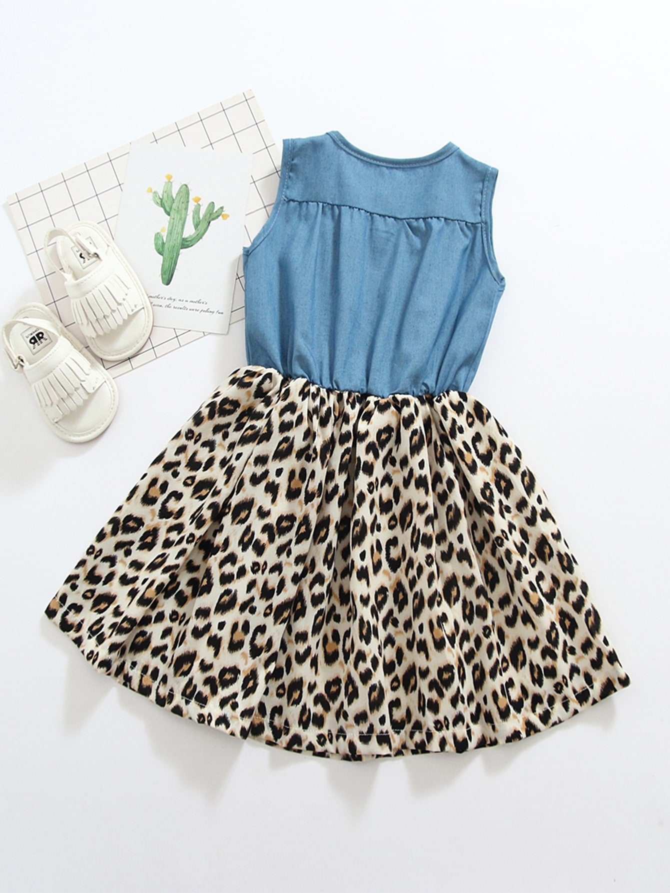 Toddler Girls Leopard Panel Ruffle Trim Bow Detail Button Front Dress