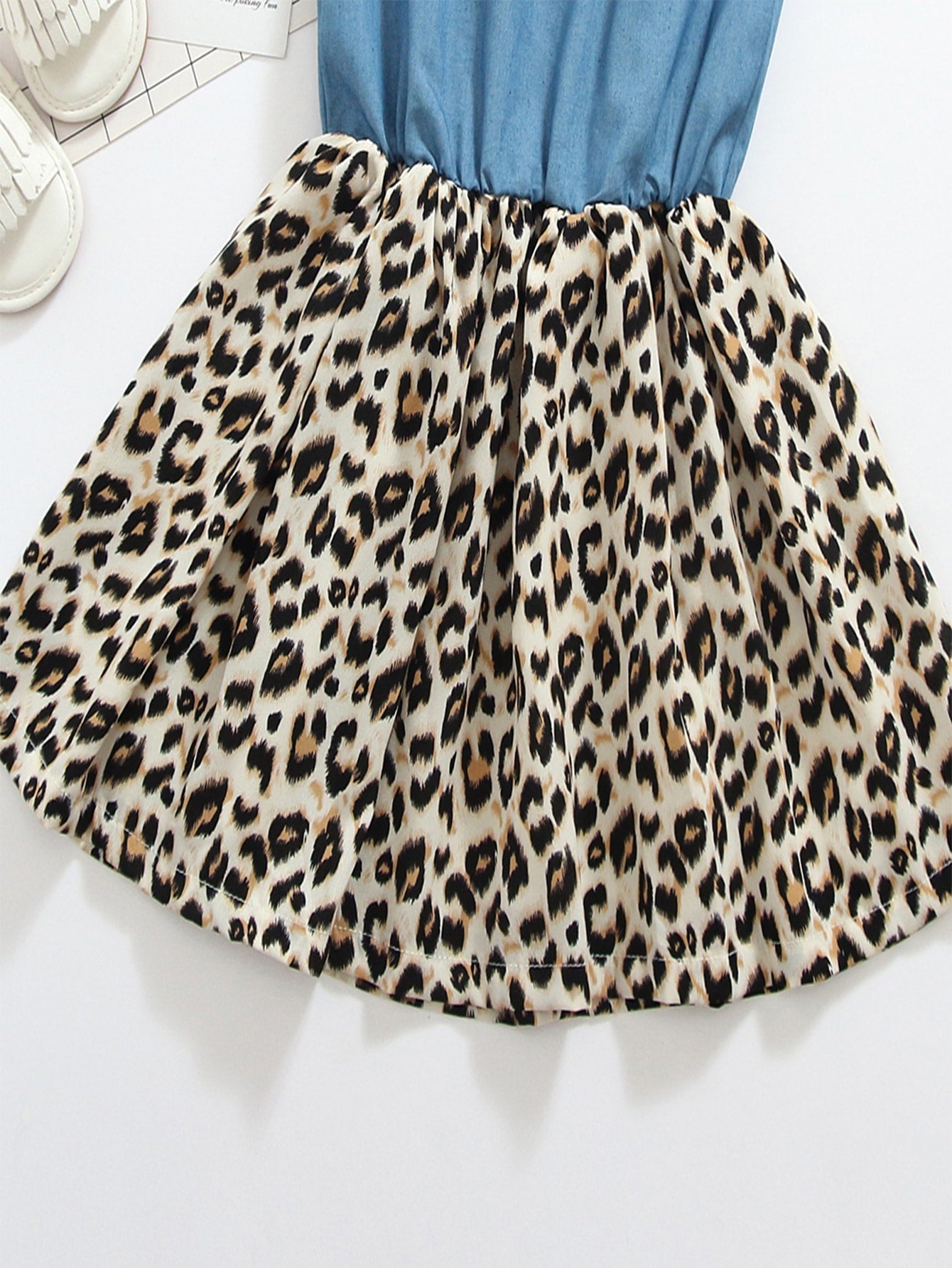 Toddler Girls Leopard Panel Ruffle Trim Bow Detail Button Front Dress