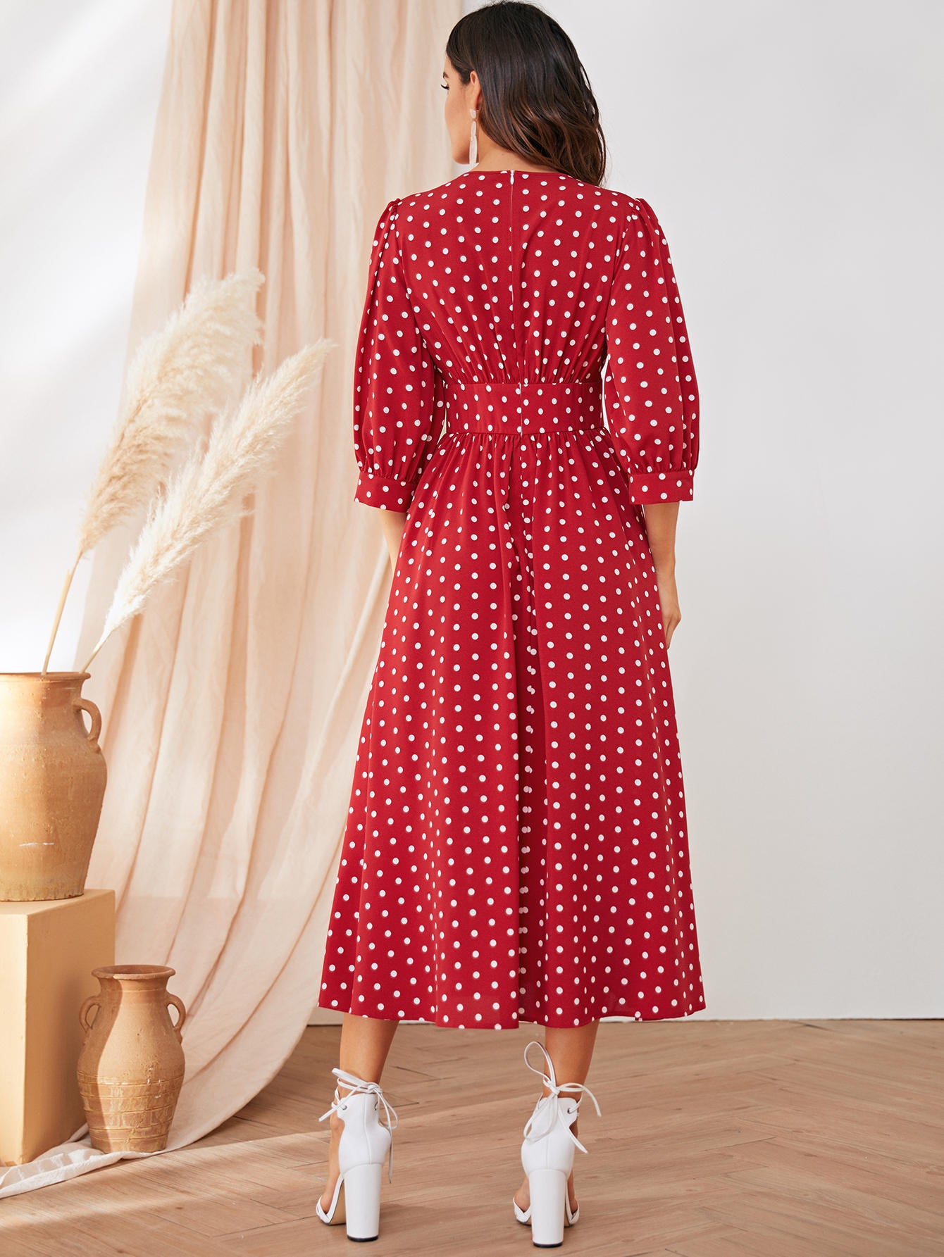 Polka Dot Wide Waistband Button Detail Dress
