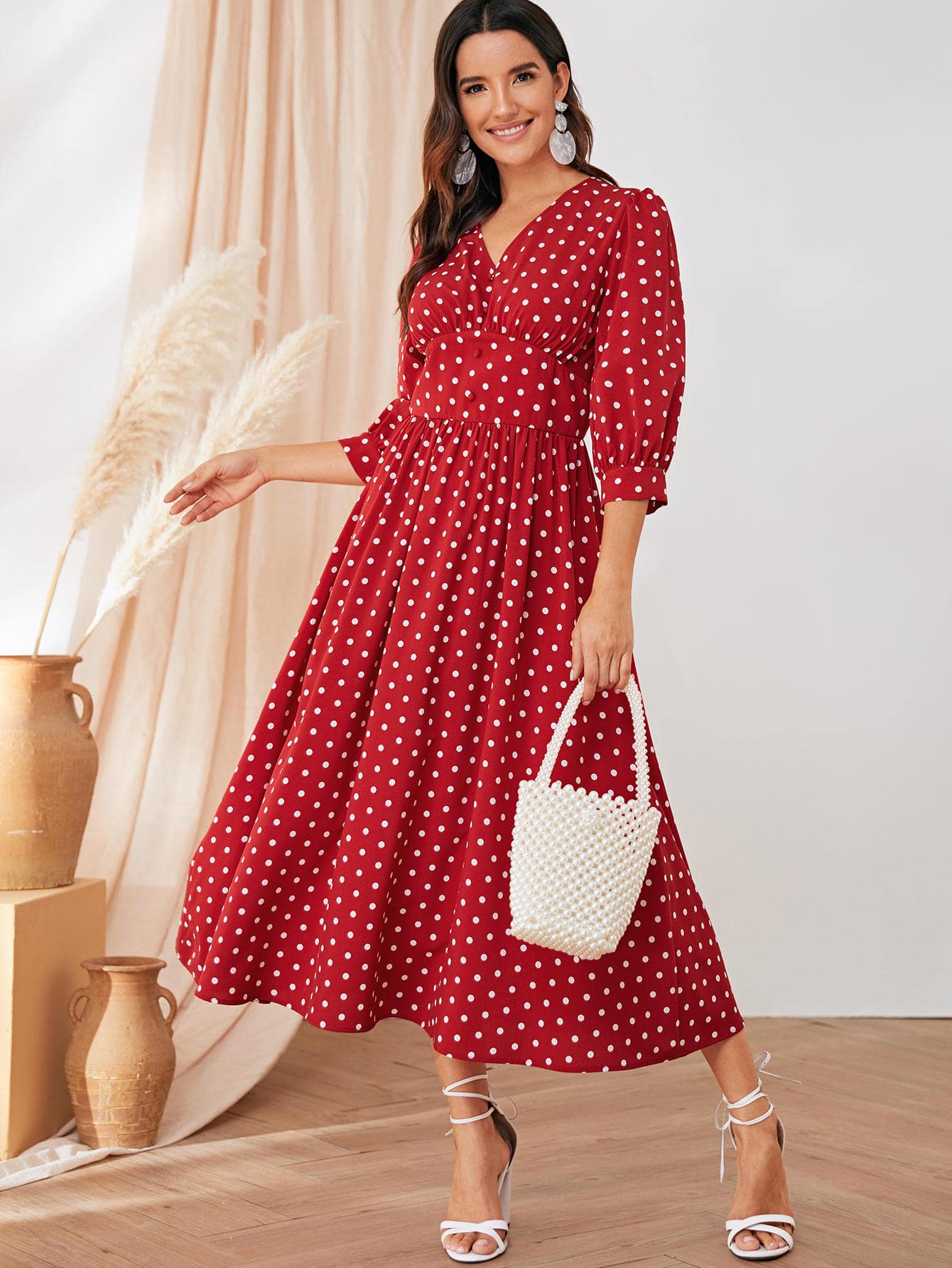 Polka Dot Wide Waistband Button Detail Dress