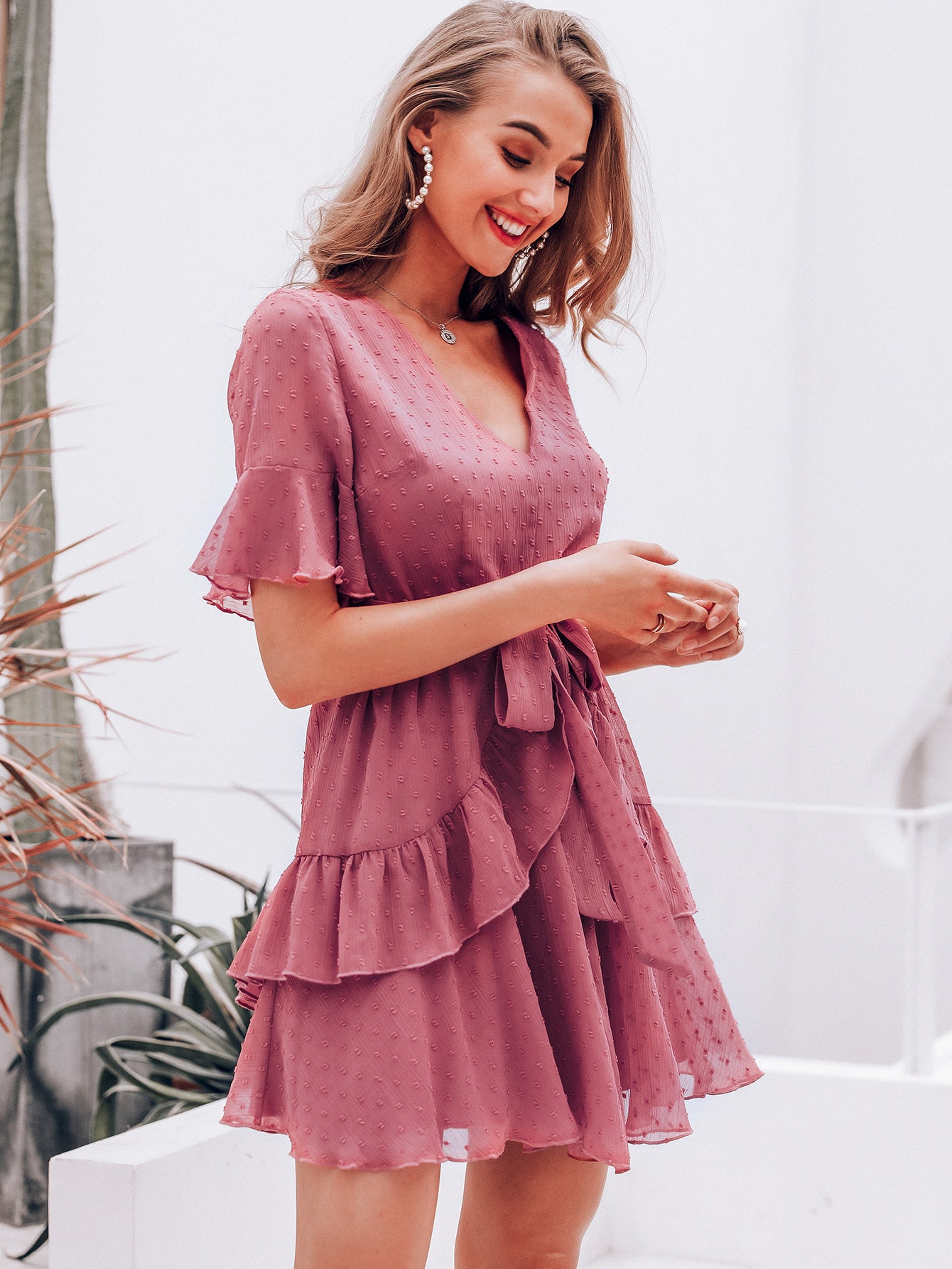Swiss Dot Ruffle Hem Flounce Sleeve Belted Dress