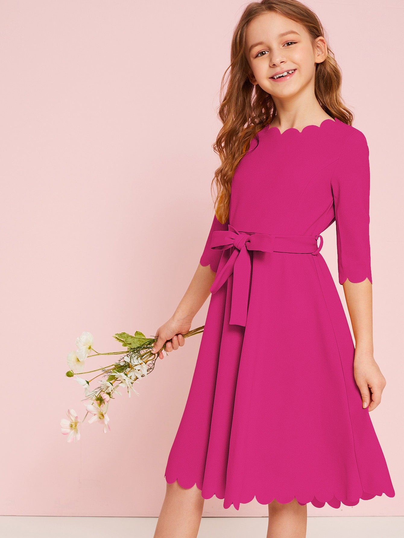 Girls Scallop Trim Belted Dress