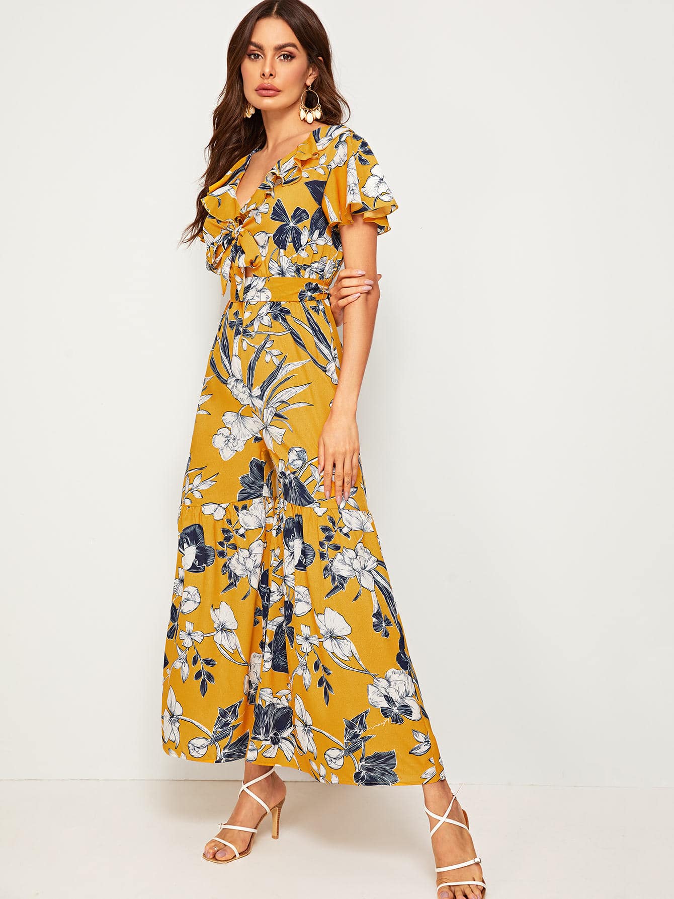 Floral Print Tie Front Flare Leg Belted Jumpsuit