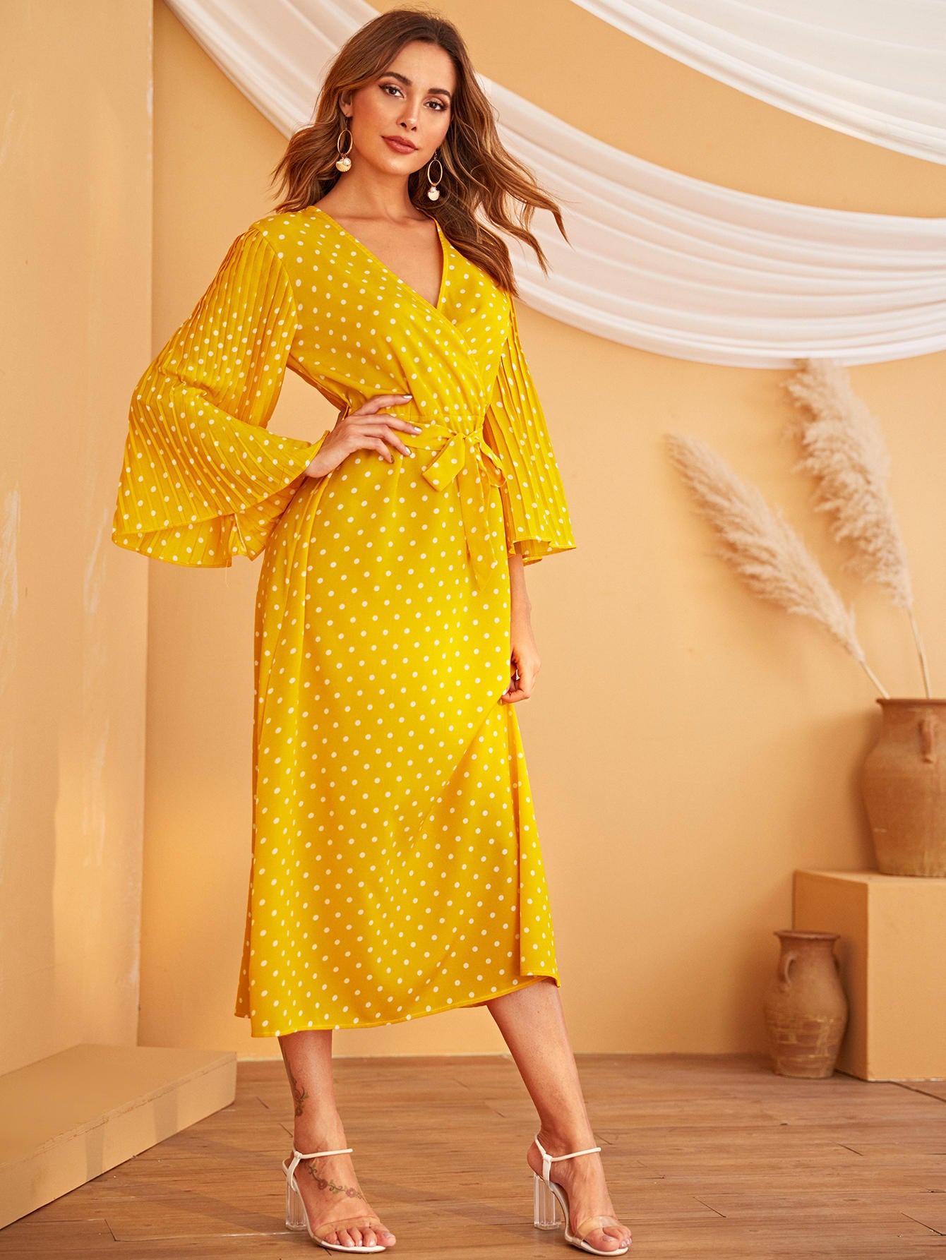 Polka Dot Bell Sleeve Belted Dress