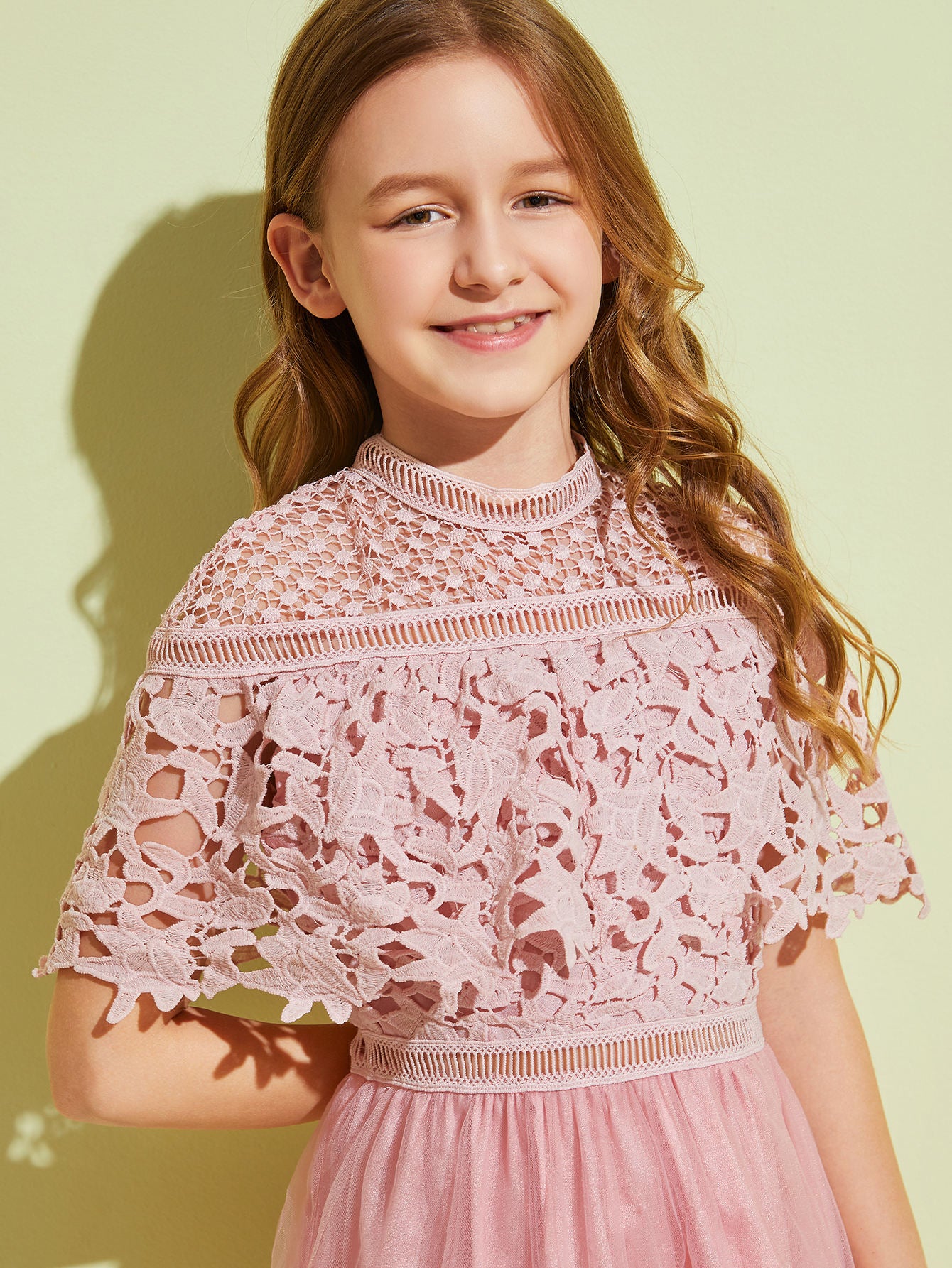 Girls Guipure Lace Cape Overlay Mesh Hem Dress