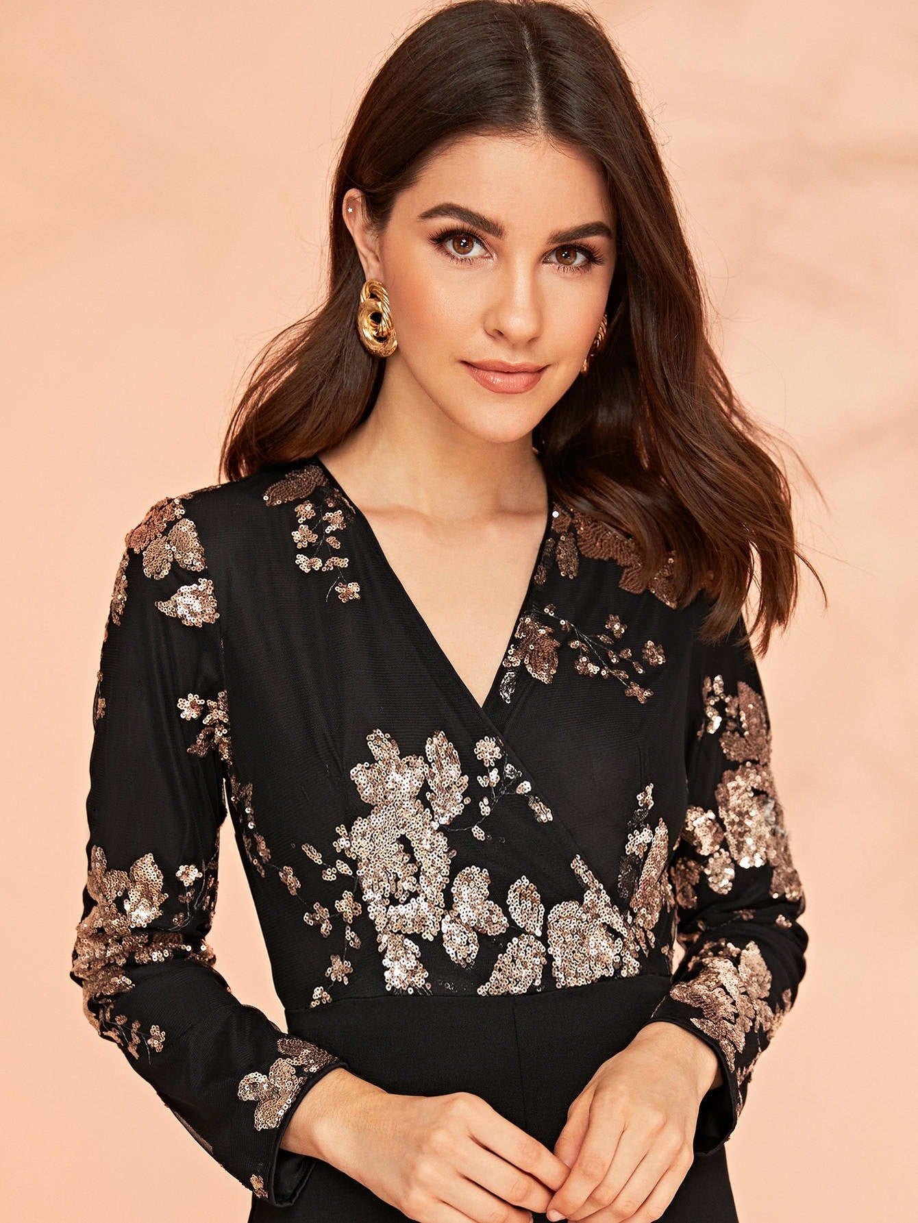 Surplice Wrap Sequin Embroidered Wide Leg Jumpsuit