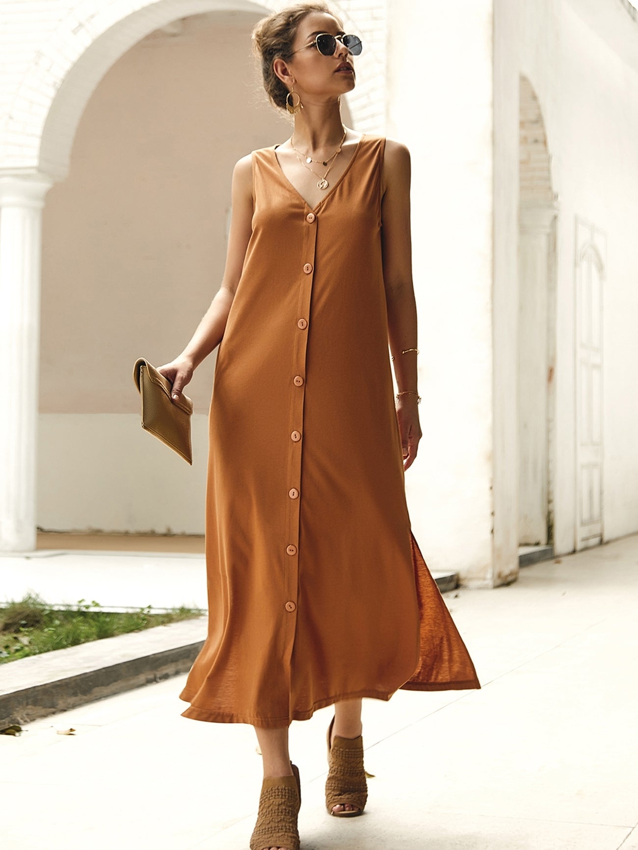 Button Front Split Side Tank Dress