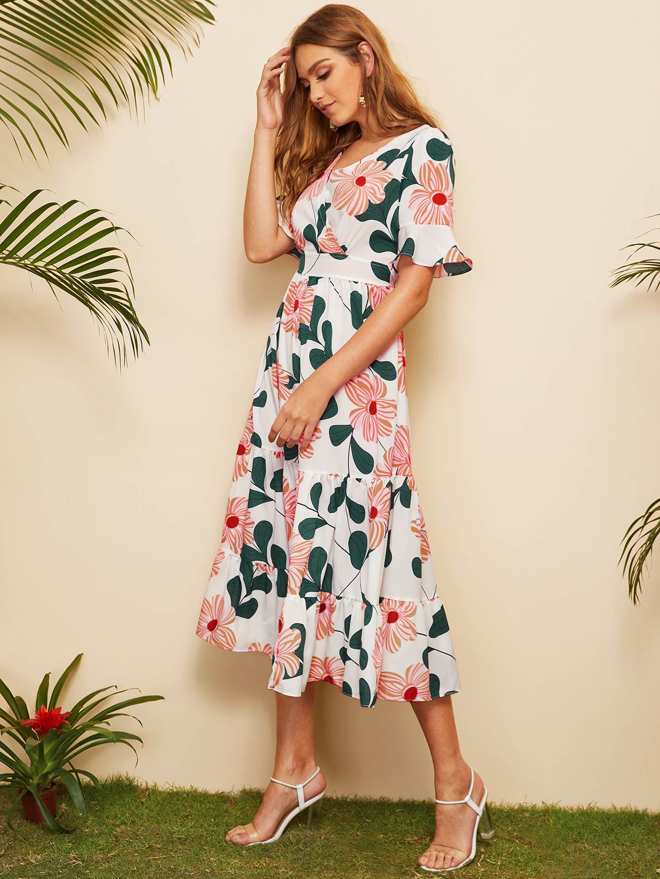 Surplice Floral Print Ruffle Hem Dress