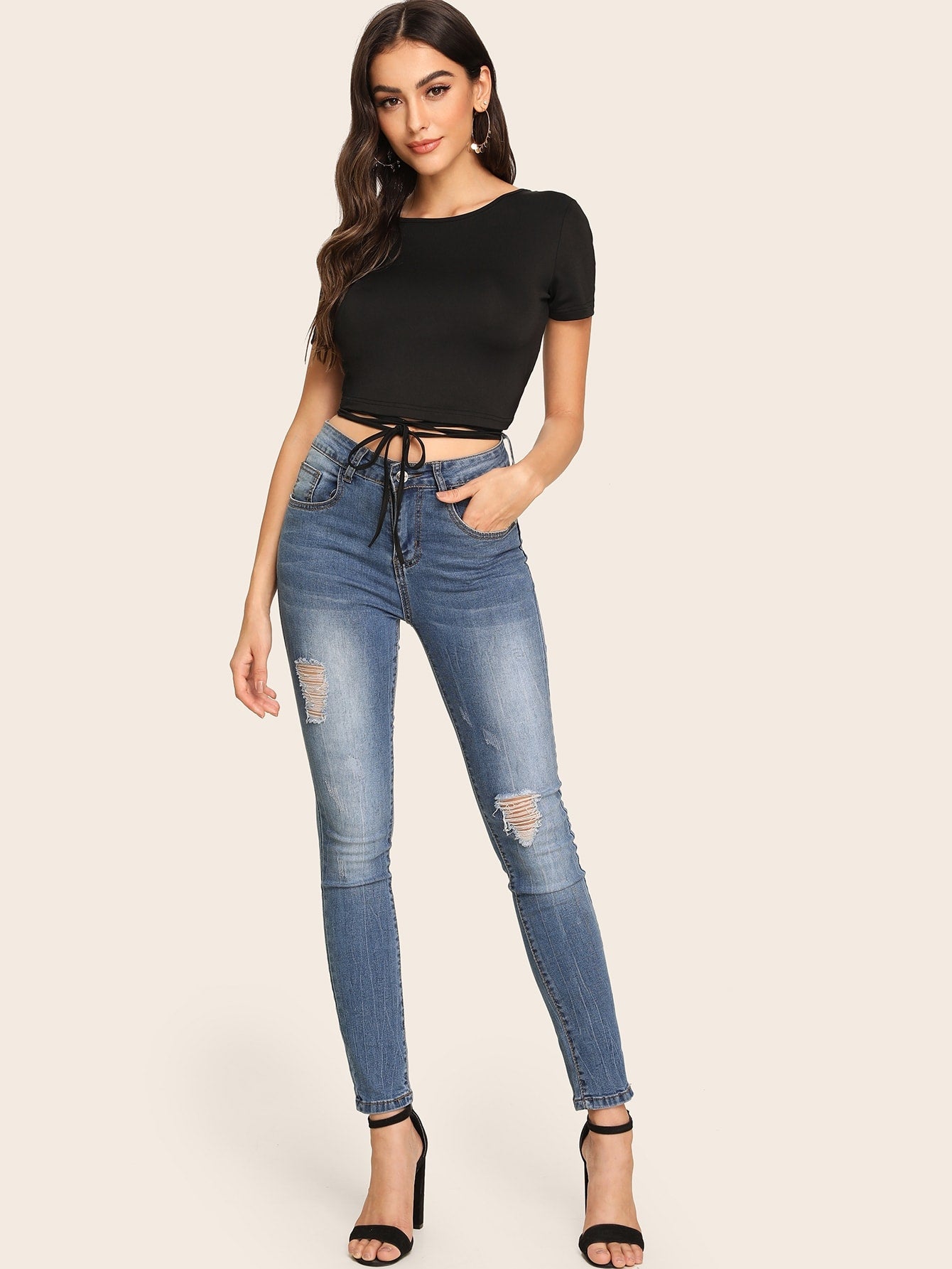 Crisscross Backless Knot Detail Crop Tee