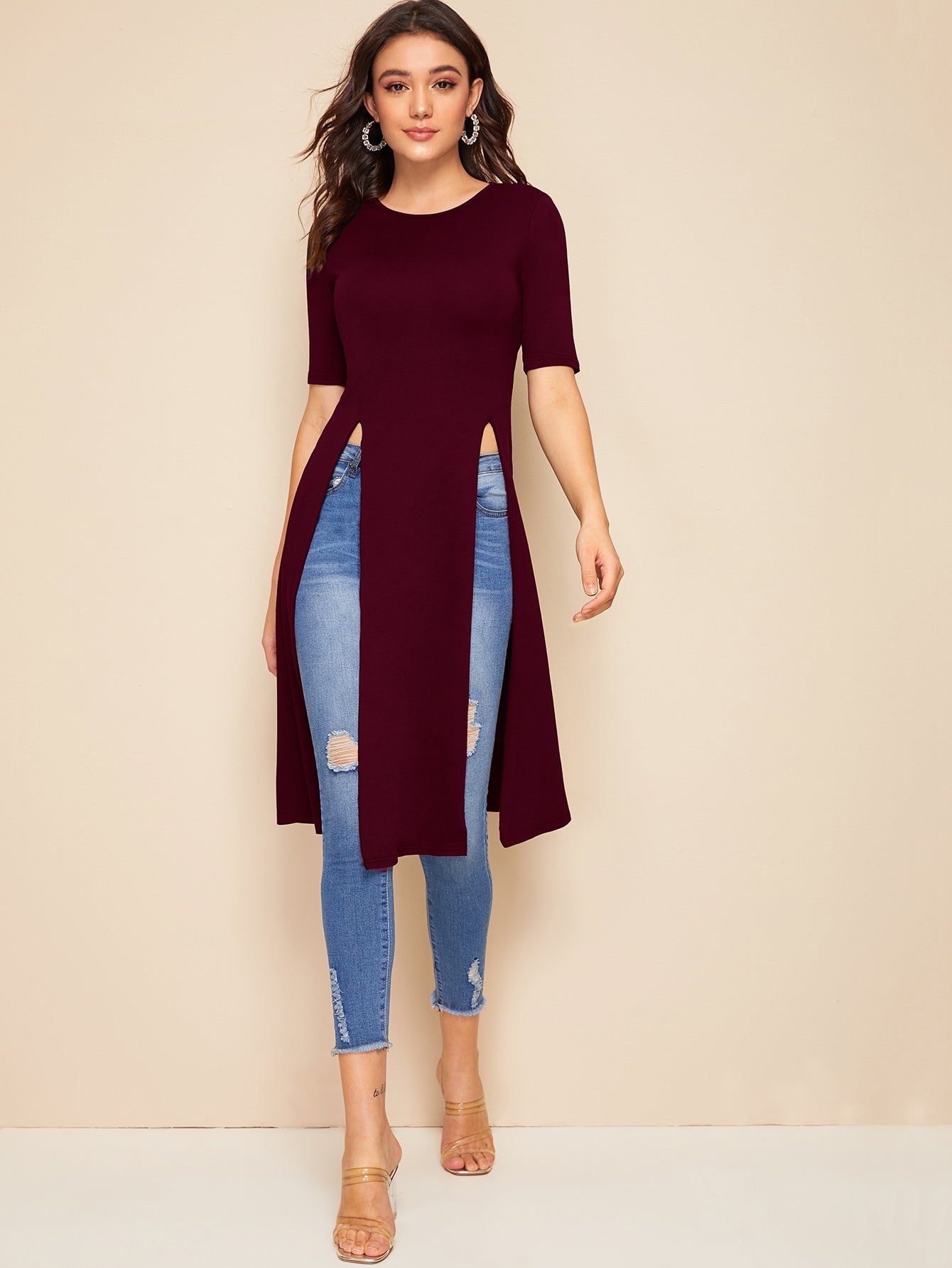 Solid Split Thigh Hem Tee