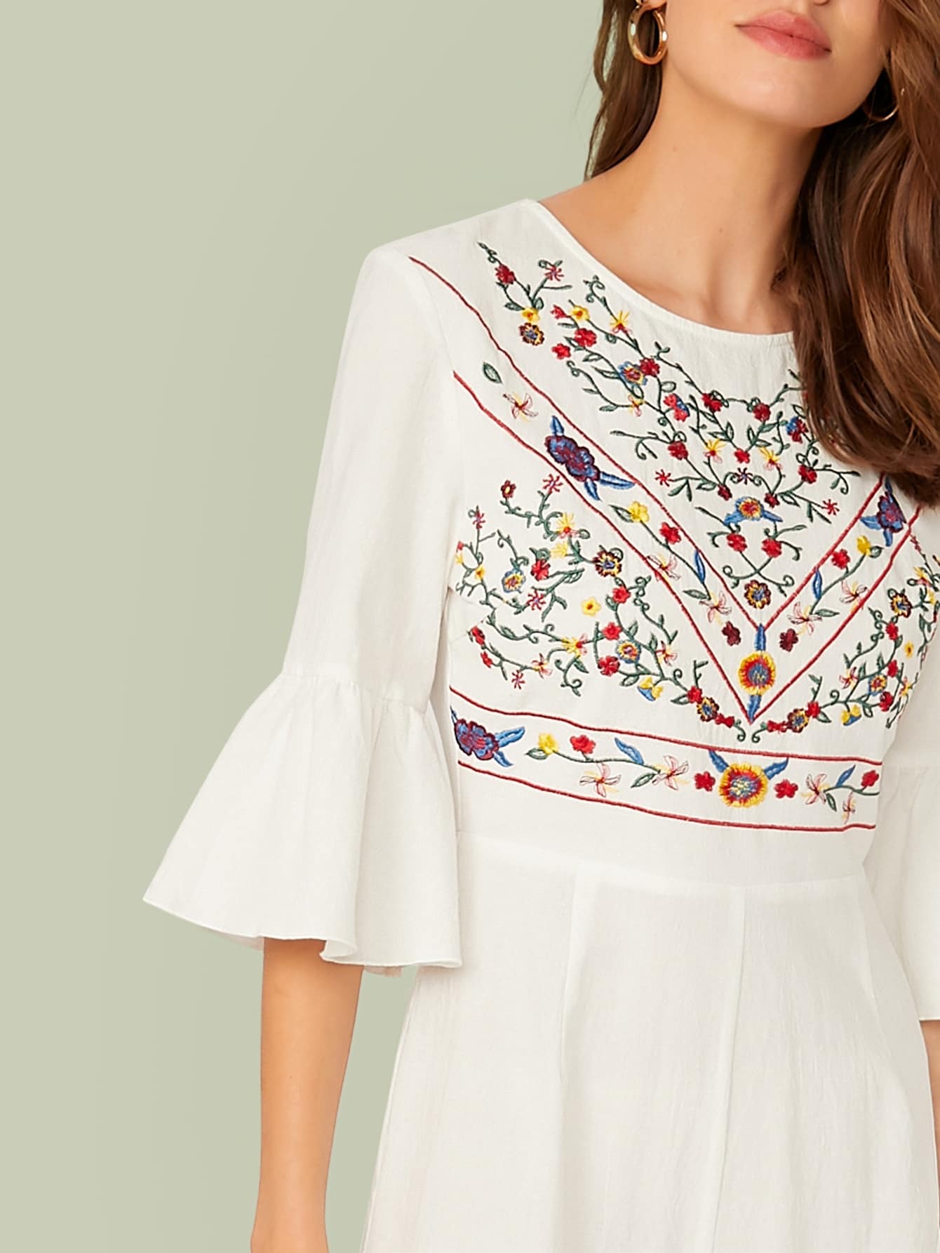 Bell Sleeve Embroidery Detail Palazzo Jumpsuit