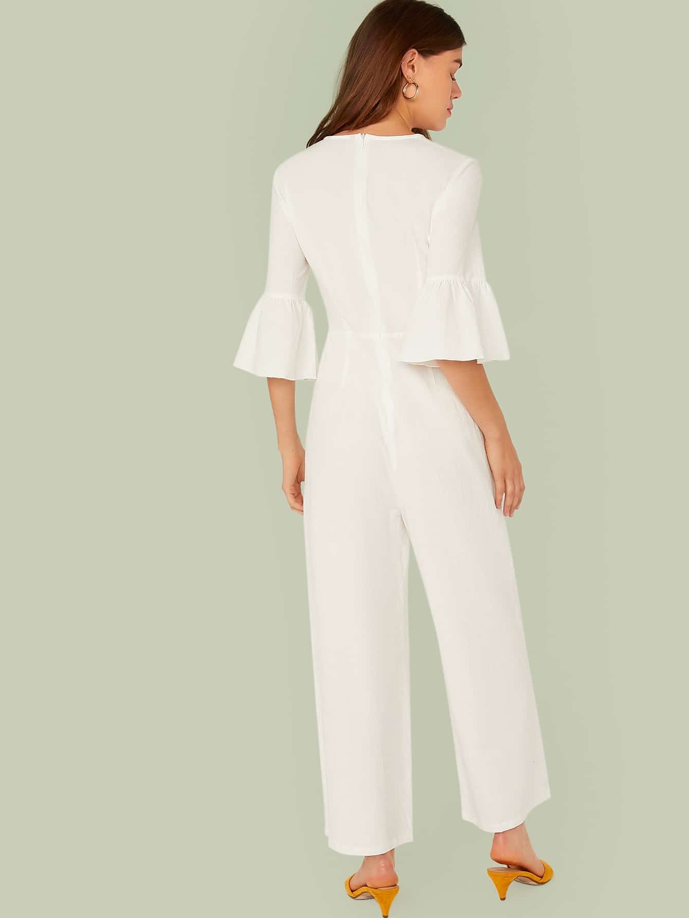 Bell Sleeve Embroidery Detail Palazzo Jumpsuit