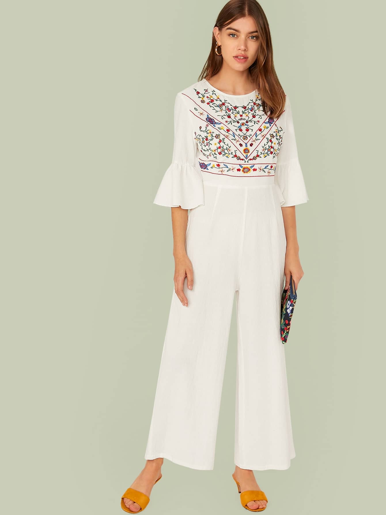 Bell Sleeve Embroidery Detail Palazzo Jumpsuit