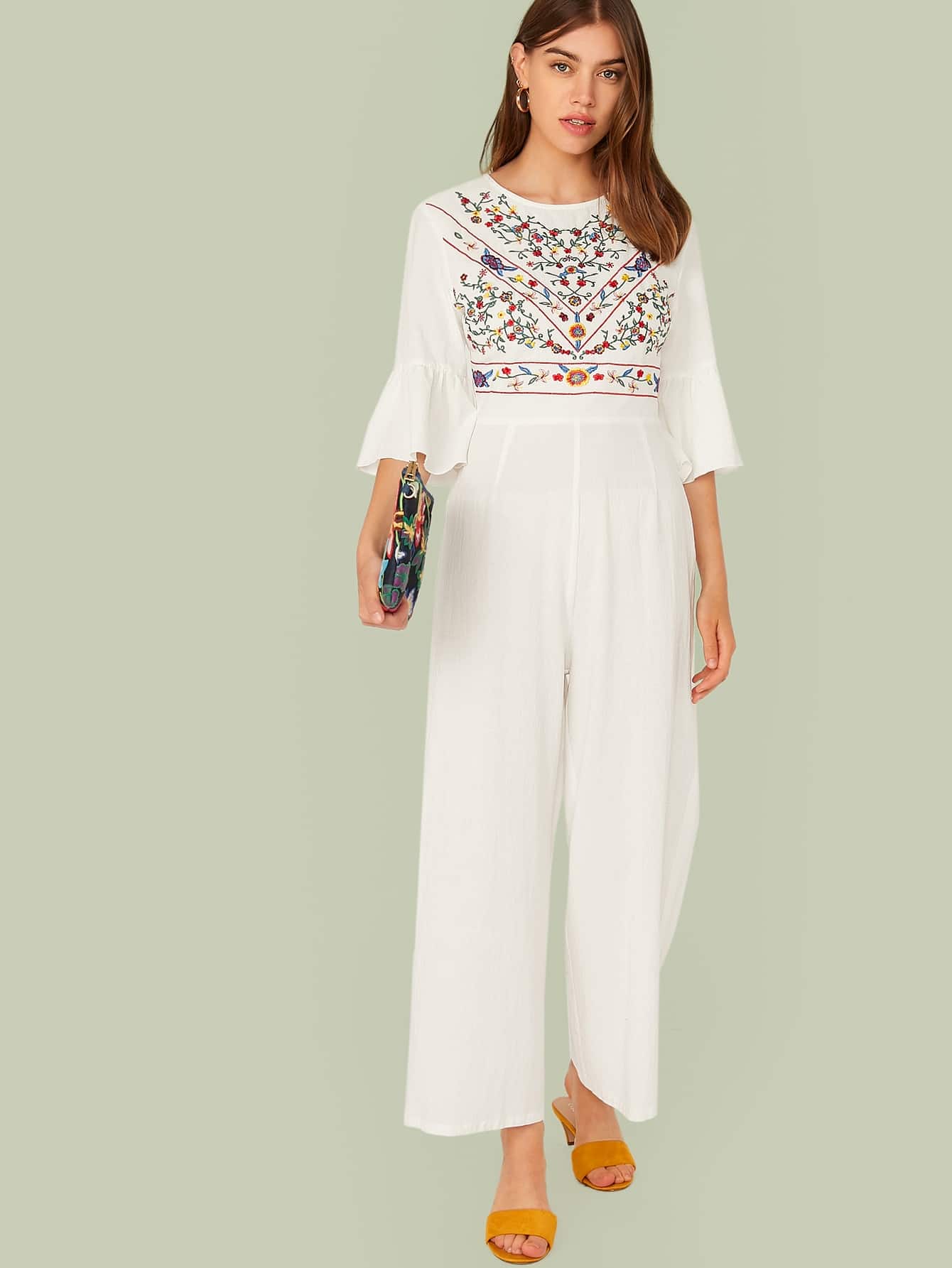 Bell Sleeve Embroidery Detail Palazzo Jumpsuit