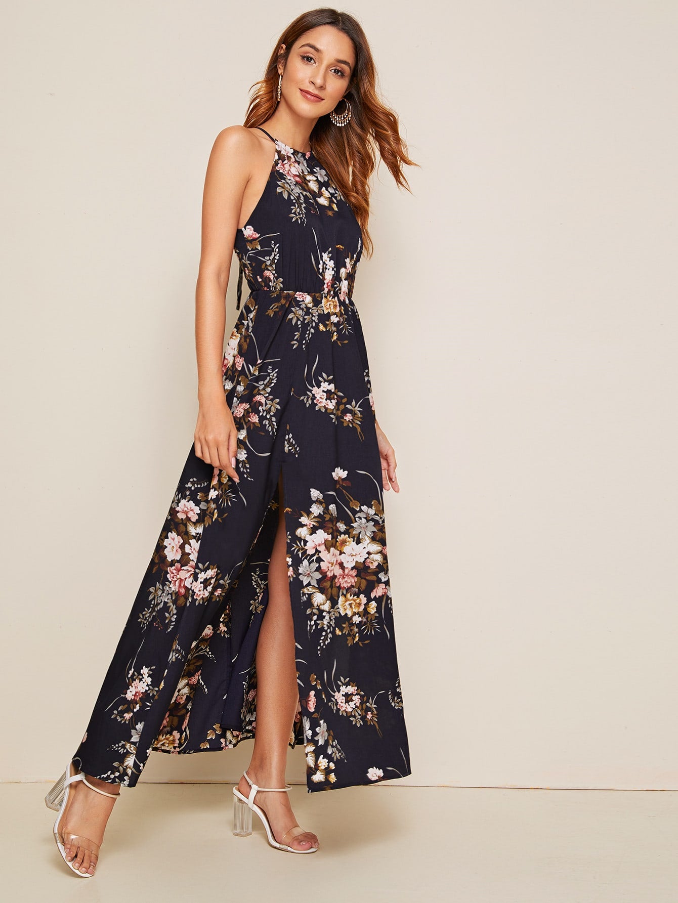 Botanical Print Tie Back High Split Halter Dress