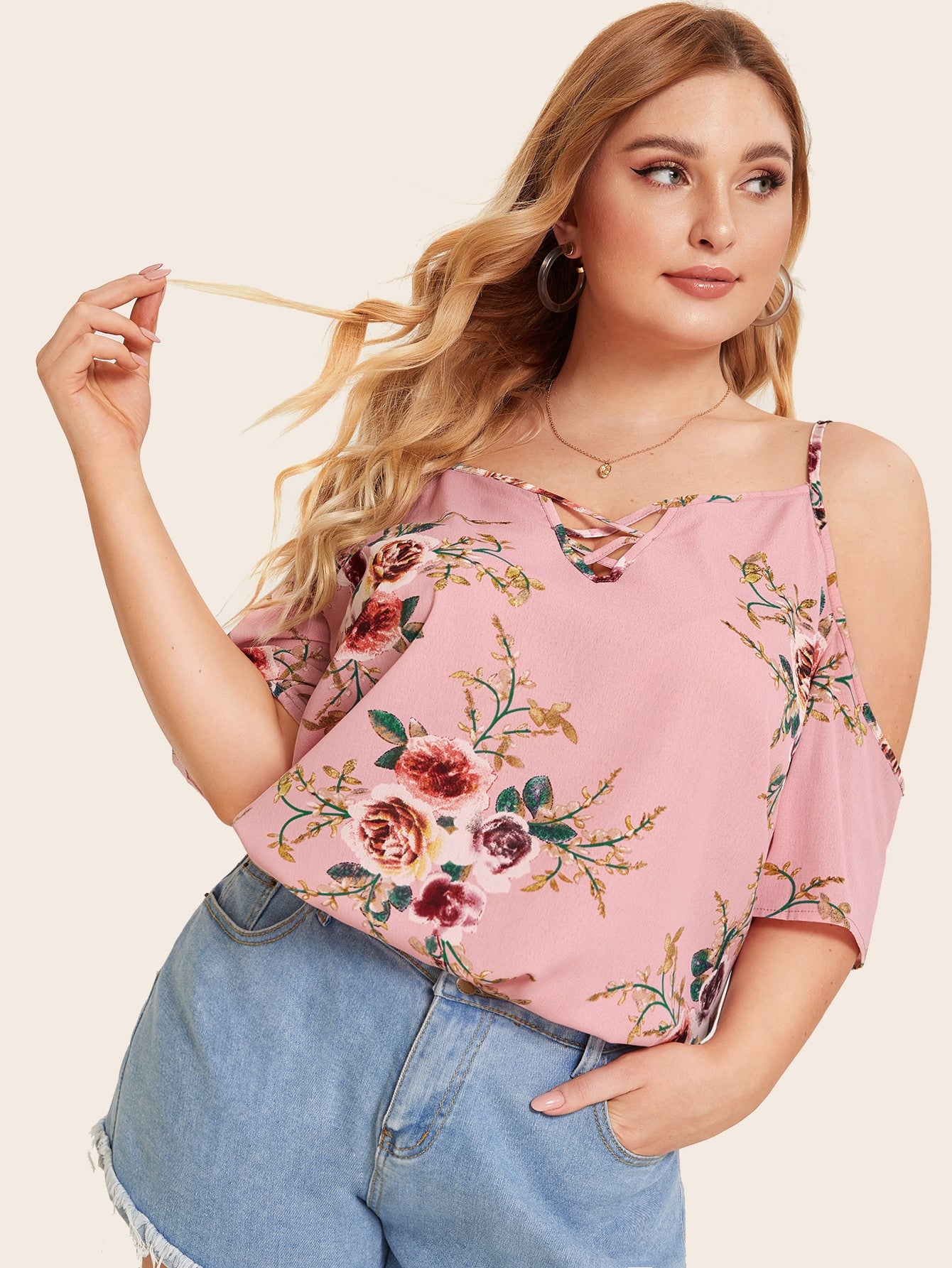 Plus Cold-shoulder Floral Print Top