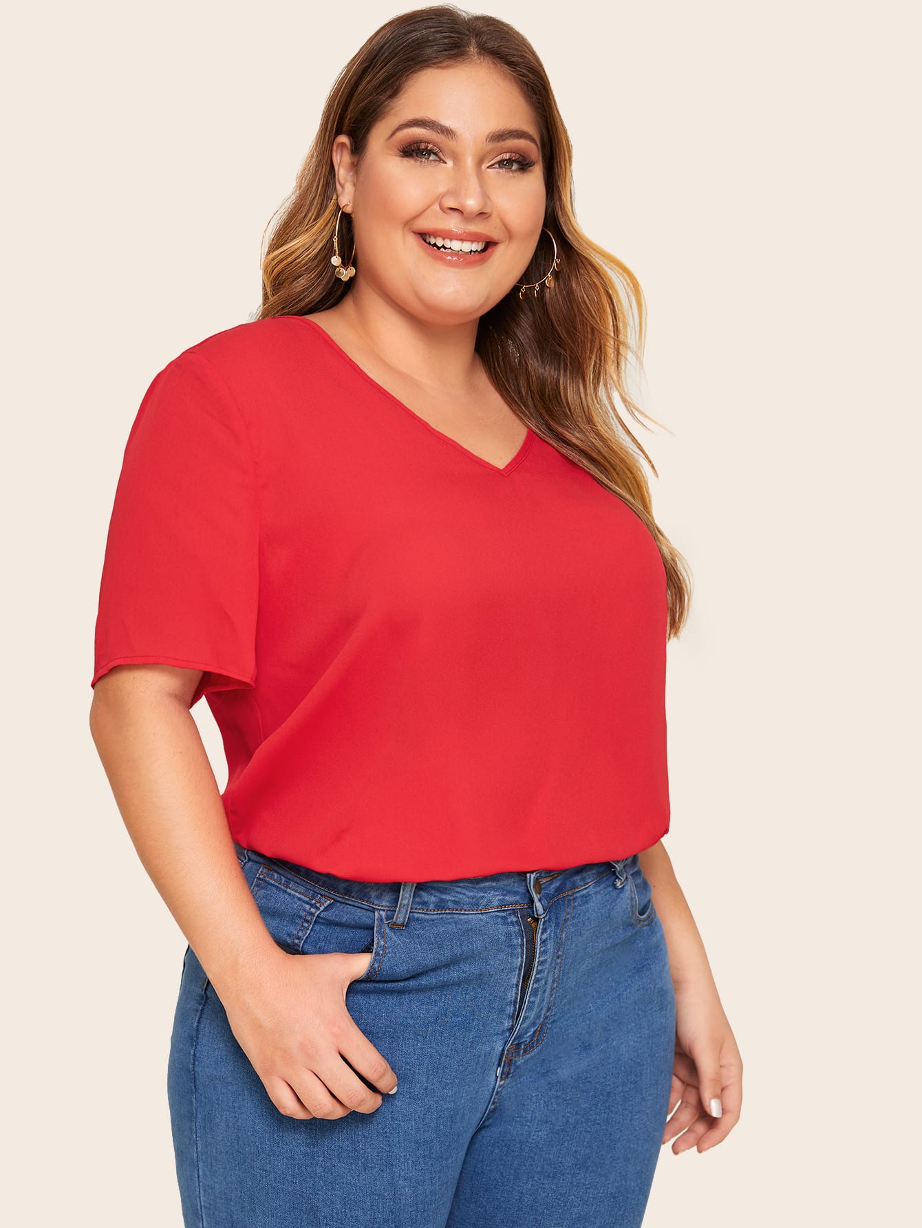 Plus V-neck Short Sleeve Solid Top