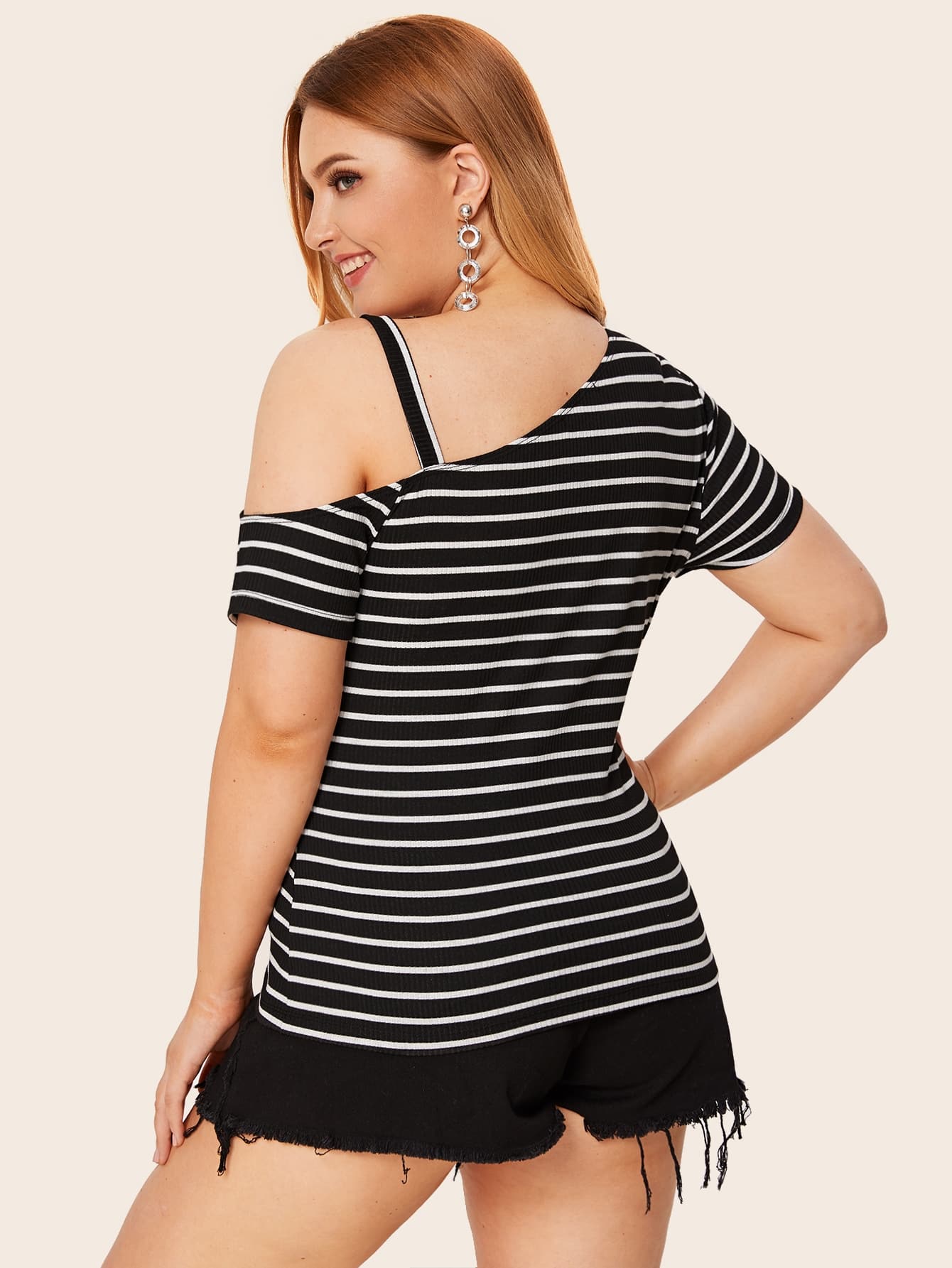 Plus Asymmetrical Neck Striped Tee