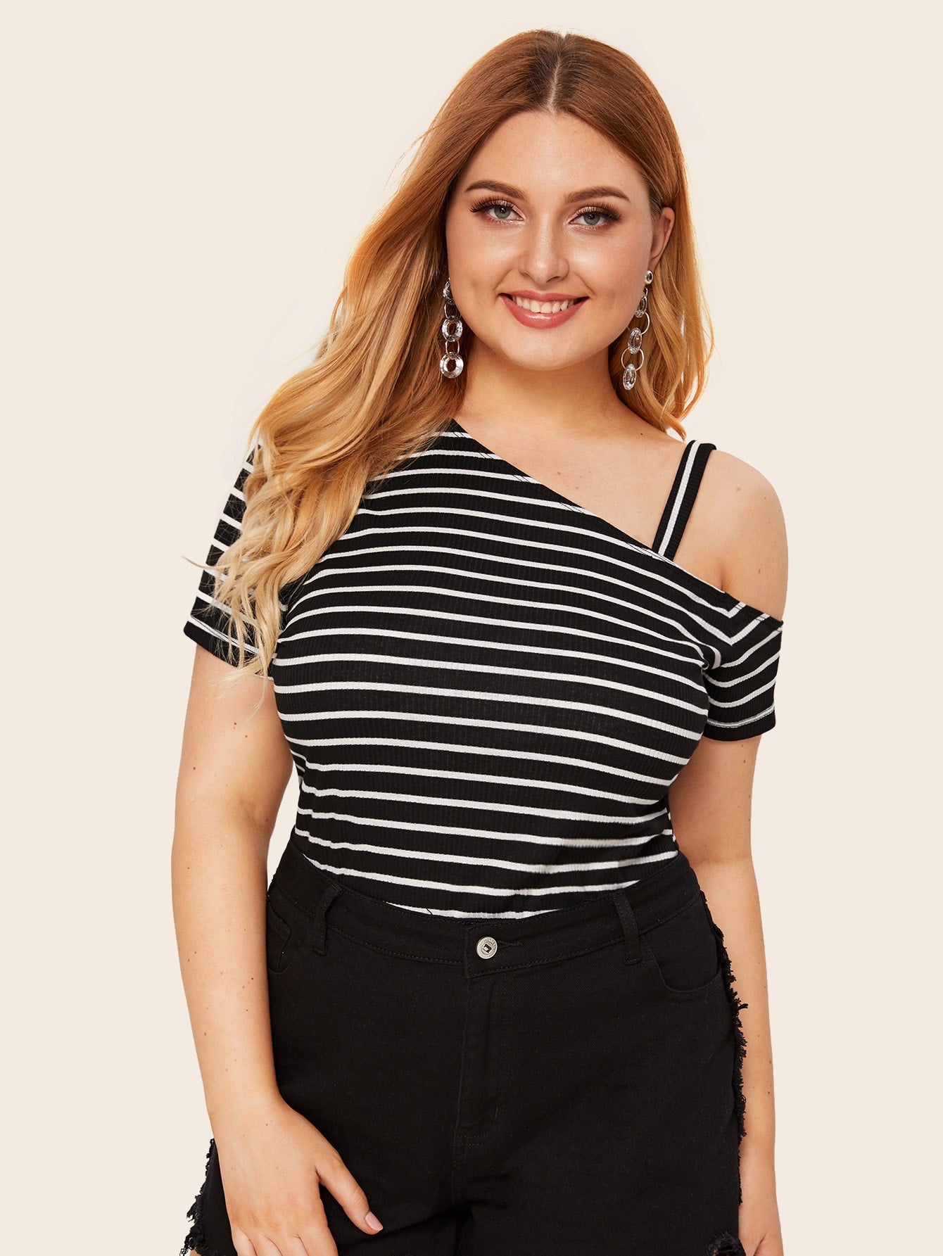 Plus Asymmetrical Neck Striped Tee